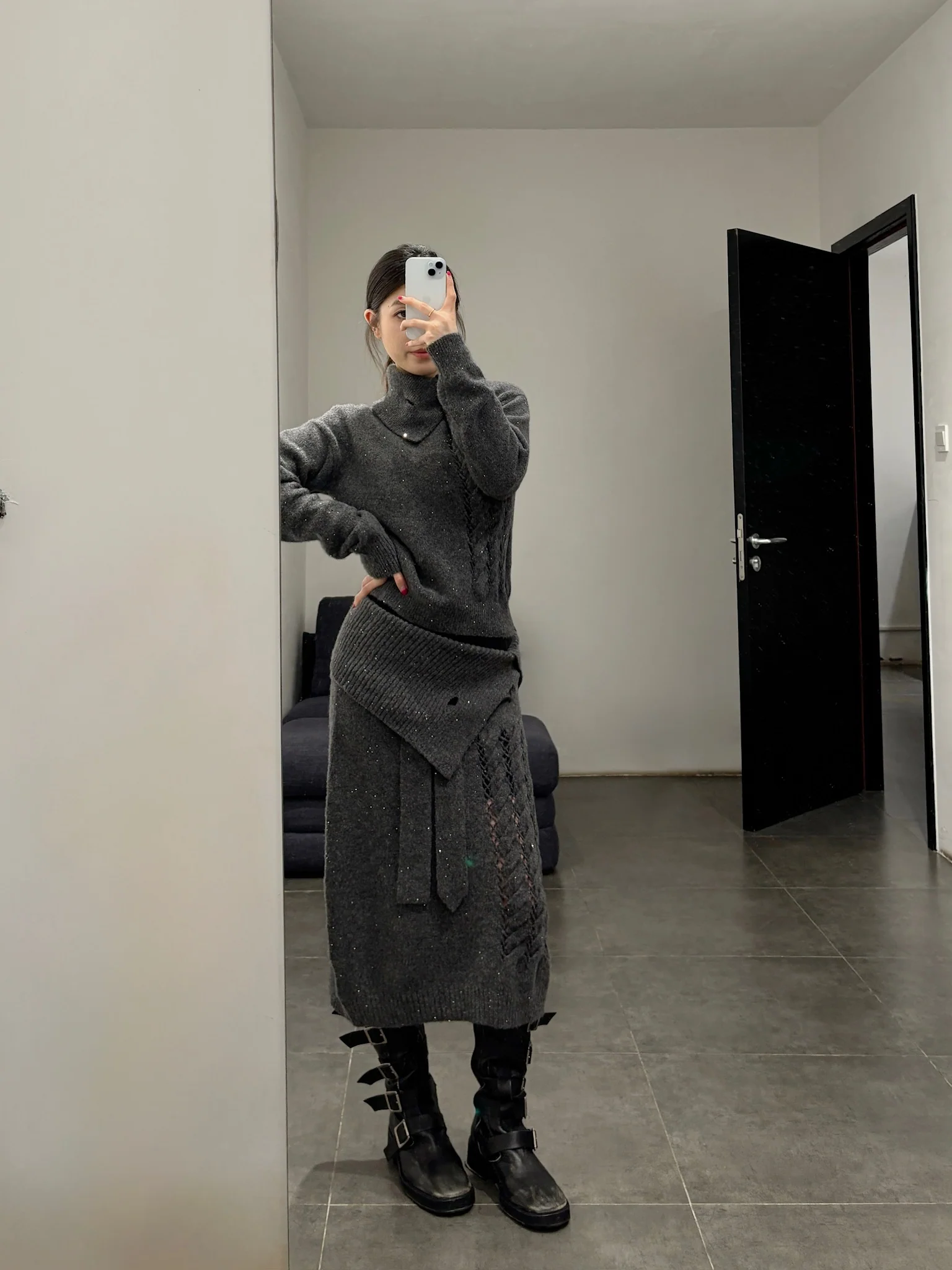 NAN KNITS 25 Autumn and Winter Woven Cable Sequin Pullover/Skirt NAN-N25AWJUM08GRA-SHENHUI Dark Gray Top - Image 13