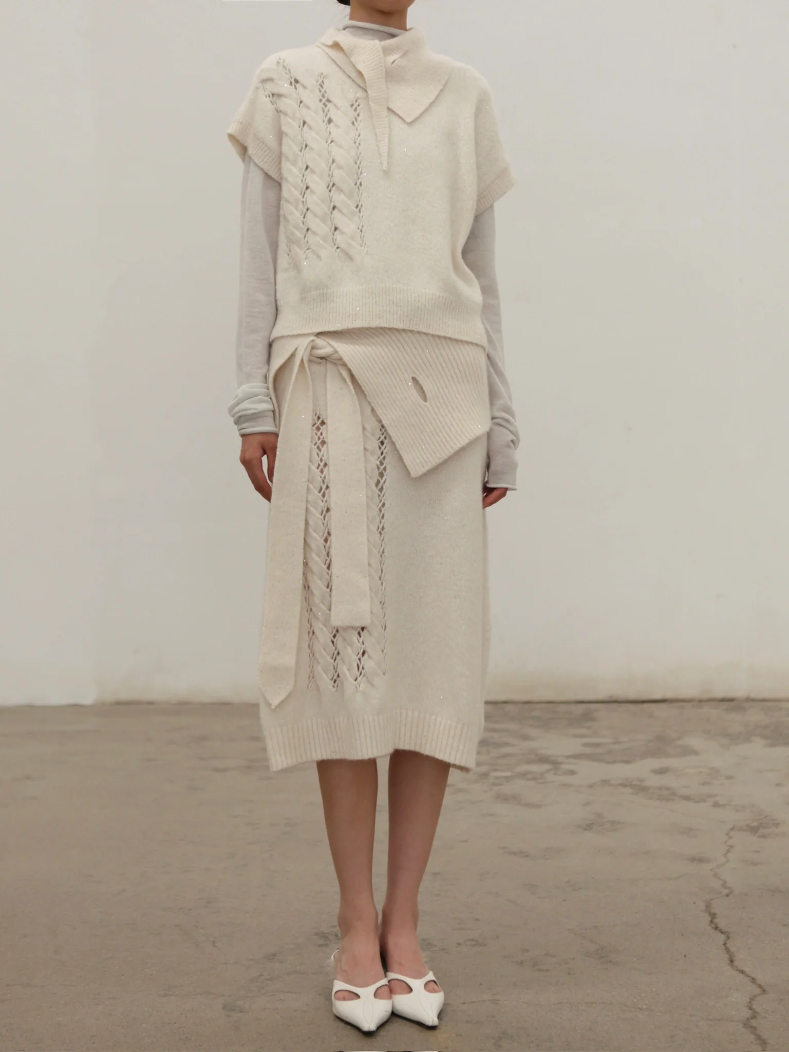 NAN KNITS 25 Autumn/Winter Woven Cable Sequin Pullover/Skirt NAN-N25AWSK02WHI-BAI White Skirt (N25AWJUM08GRA) - Image 4