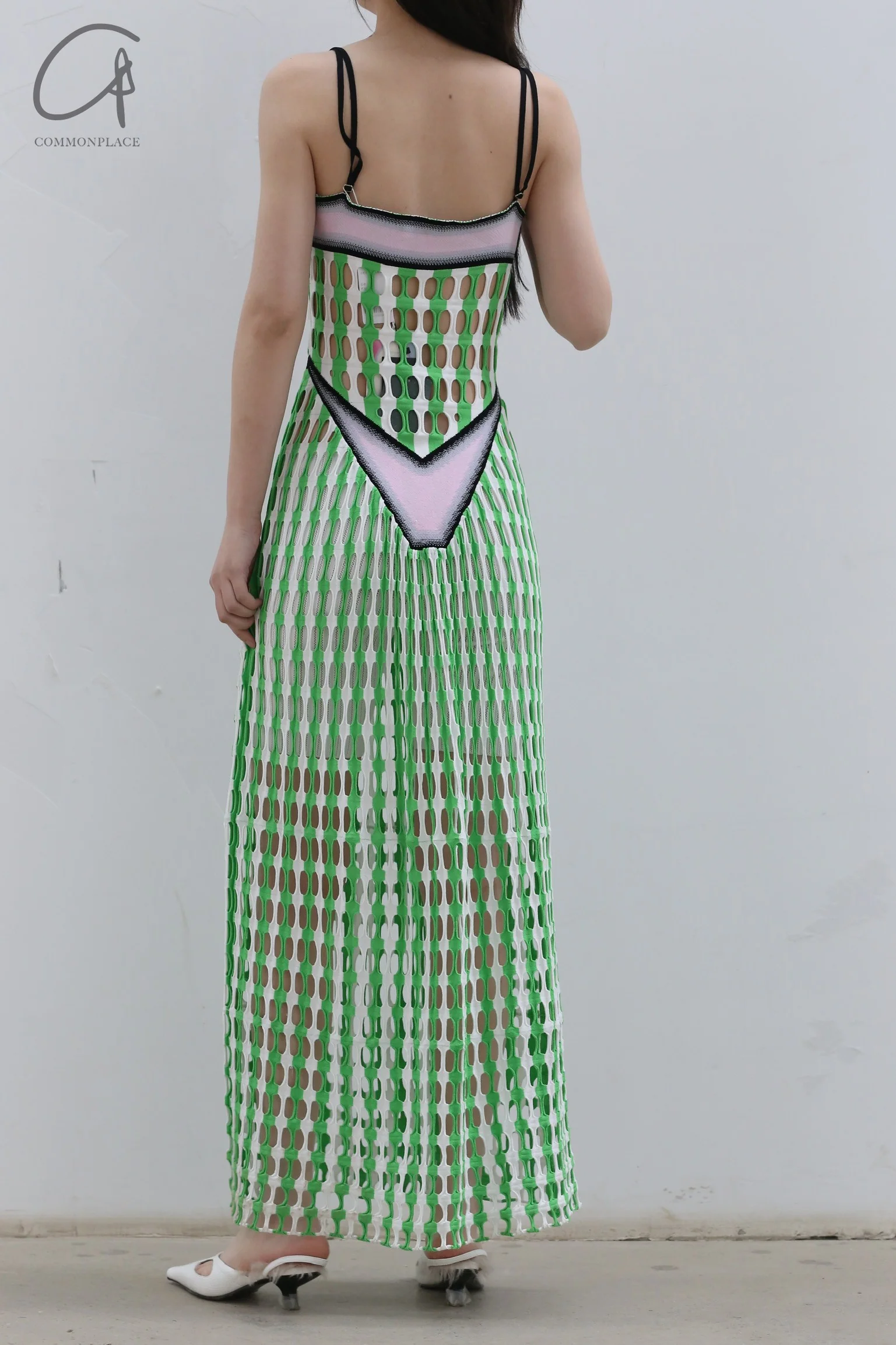 NAN KNITS Two-tone eyelet suspender long skirt with inner layer NAN-22051651-LV Green - Image 6