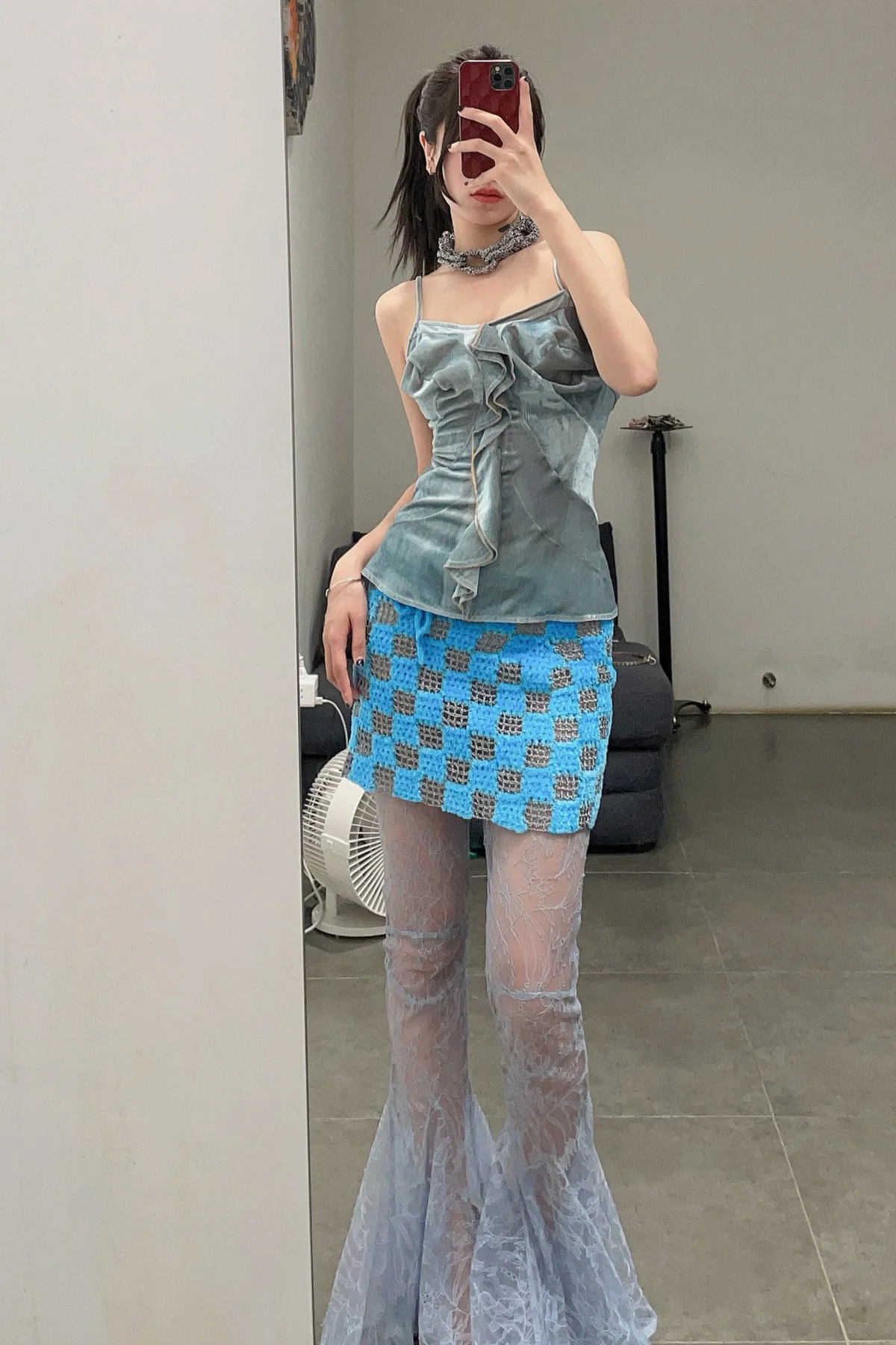 NAN KNITS crochet checkered mini skirt 22011167 blue - Image 6