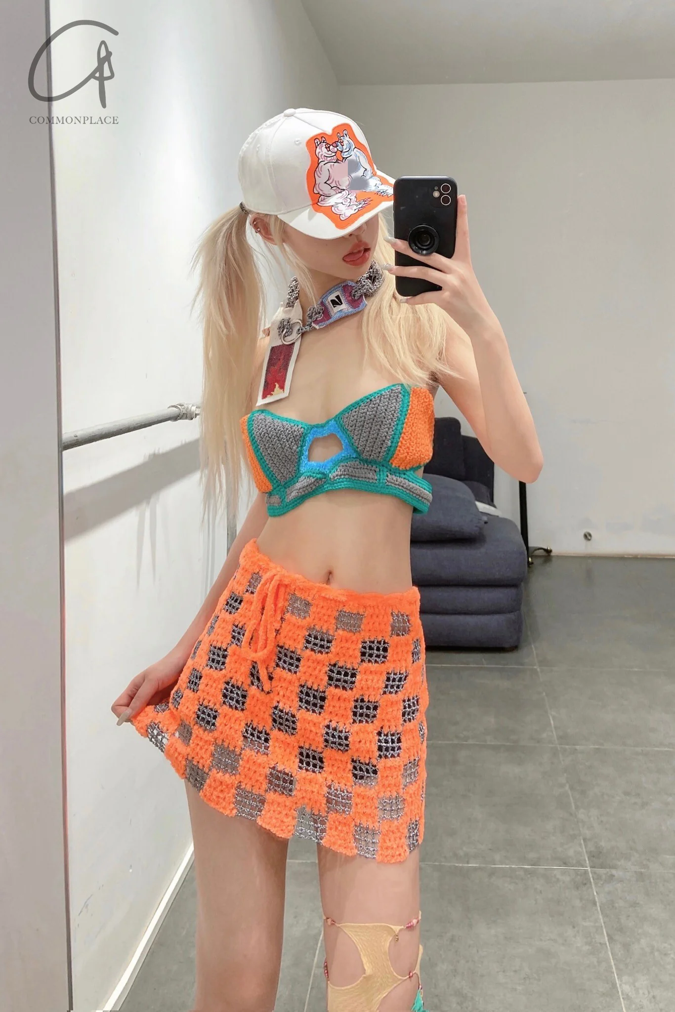 NAN KNITS crochet checkered mini skirt NAN-22011167-CHENG orange - Image 6