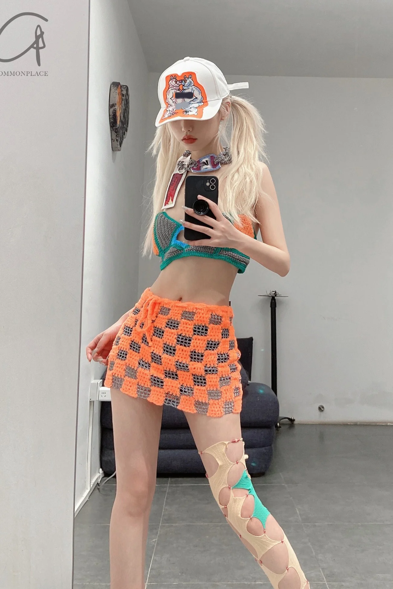 NAN KNITS crochet checkered mini skirt NAN-22011167-CHENG orange - Image 8
