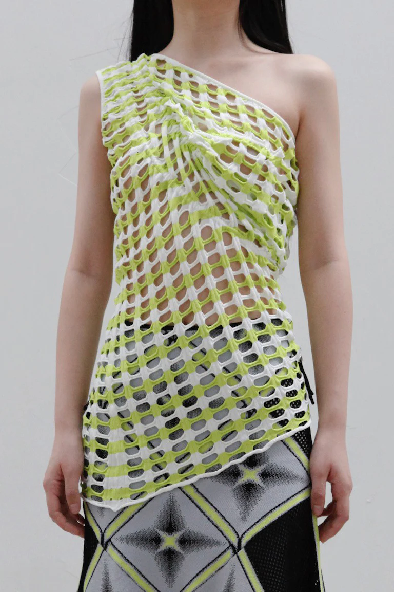 NAN KNITS Gradient Eyelet Drawstring One Shoulder Tank Top 22051661 Yellow