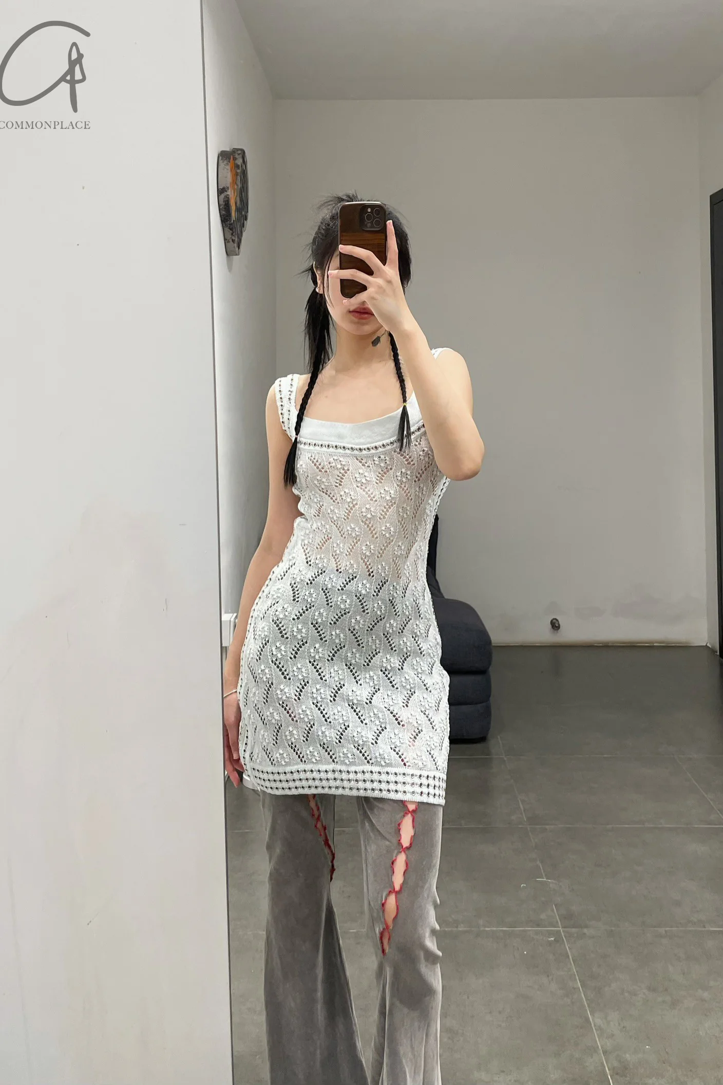 NAN KNITS gradient flower hollow dress N24SSDR27 BLU light blue - Image 5