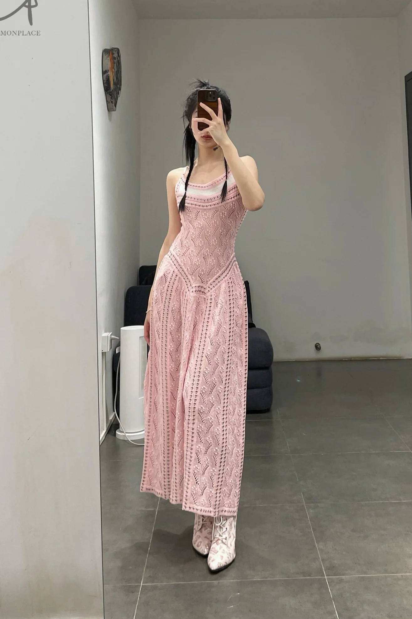 NAN KNITS gradient flower hollow long dress N24SSDR02 light pink - Image 7