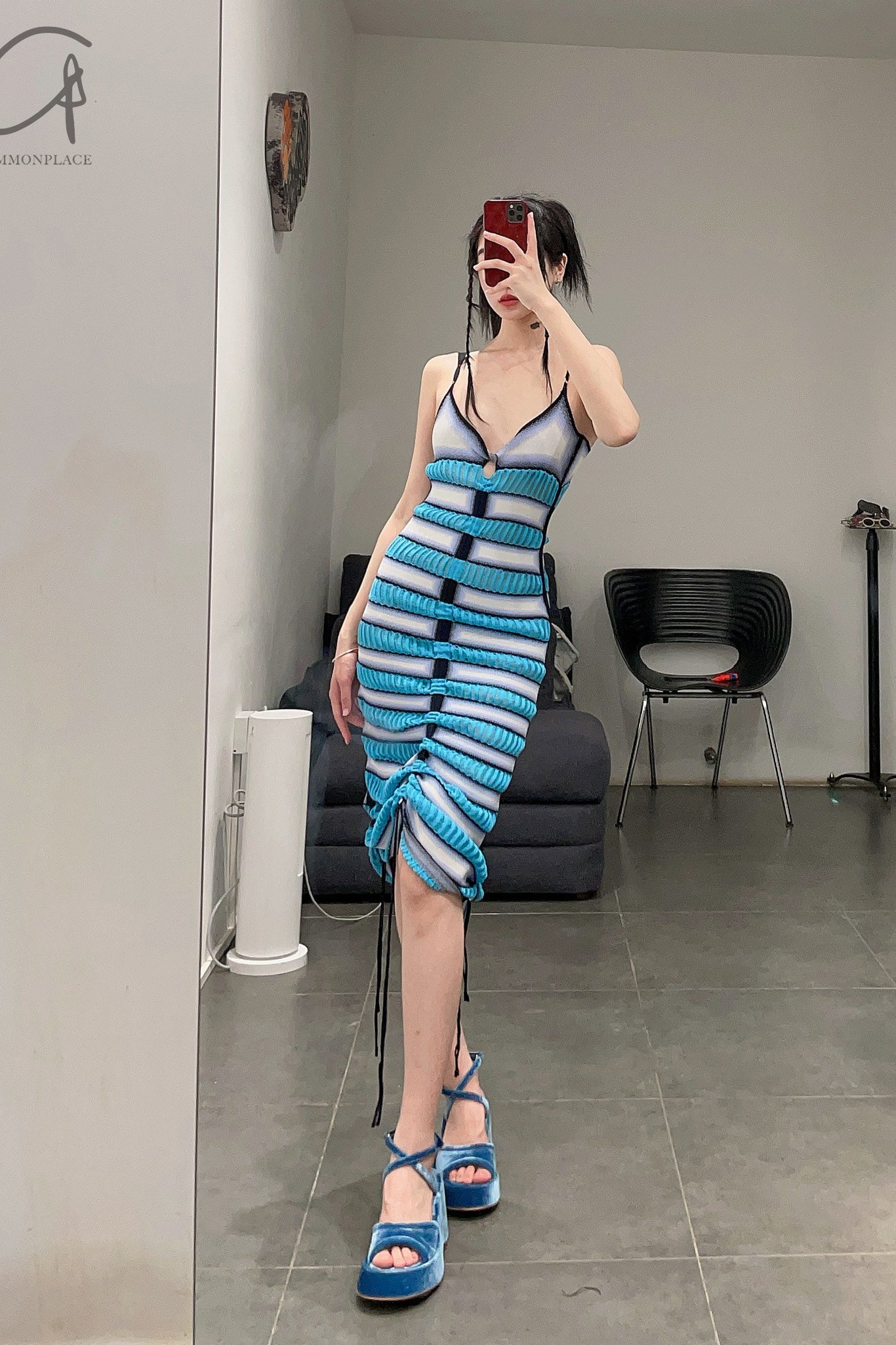NAN KNITS gradient striped drawing rope suspender skirt 22051724 blue - Image 15