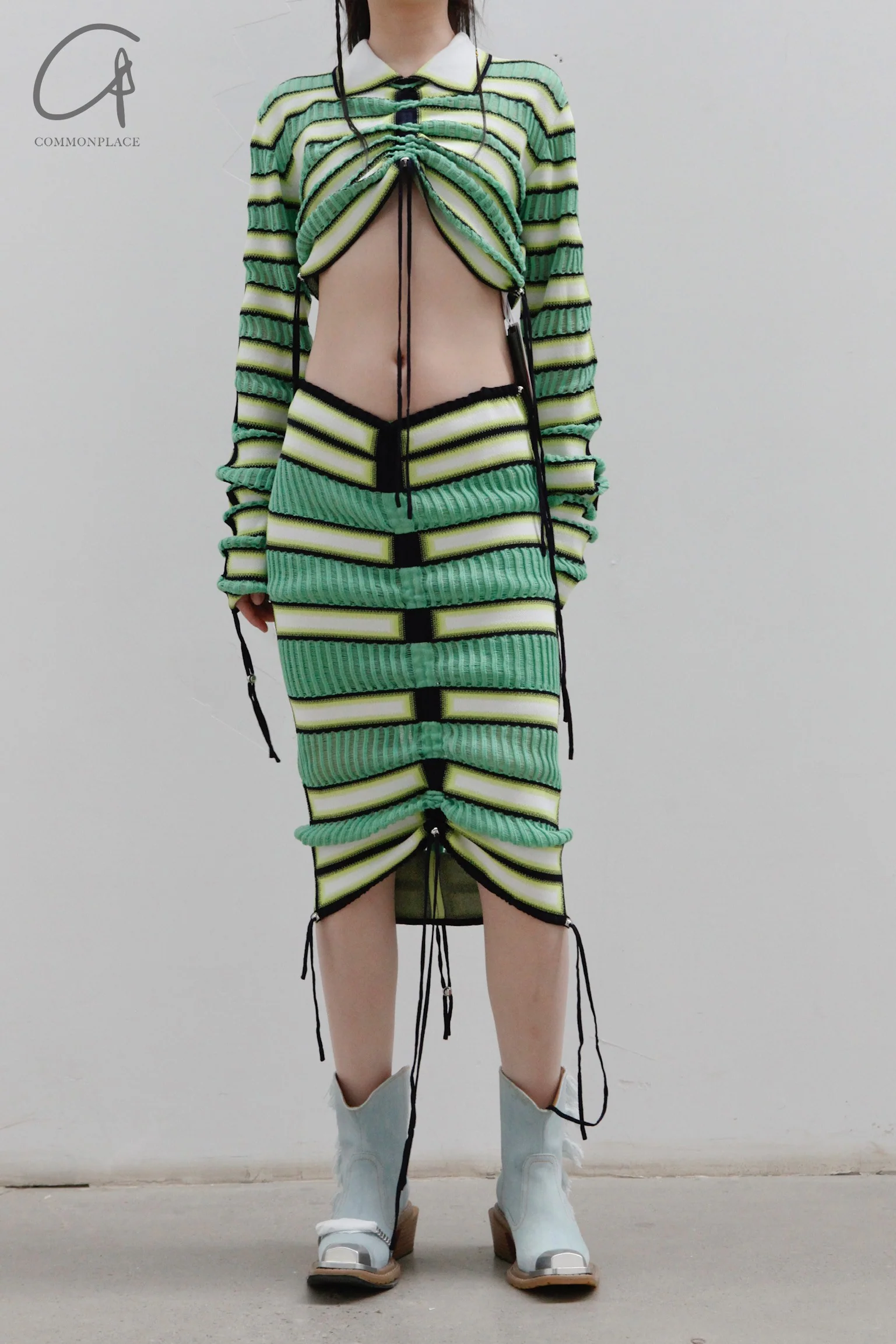 NAN KNITS gradient striped strip drawing top 22051754 green fight - Image 4