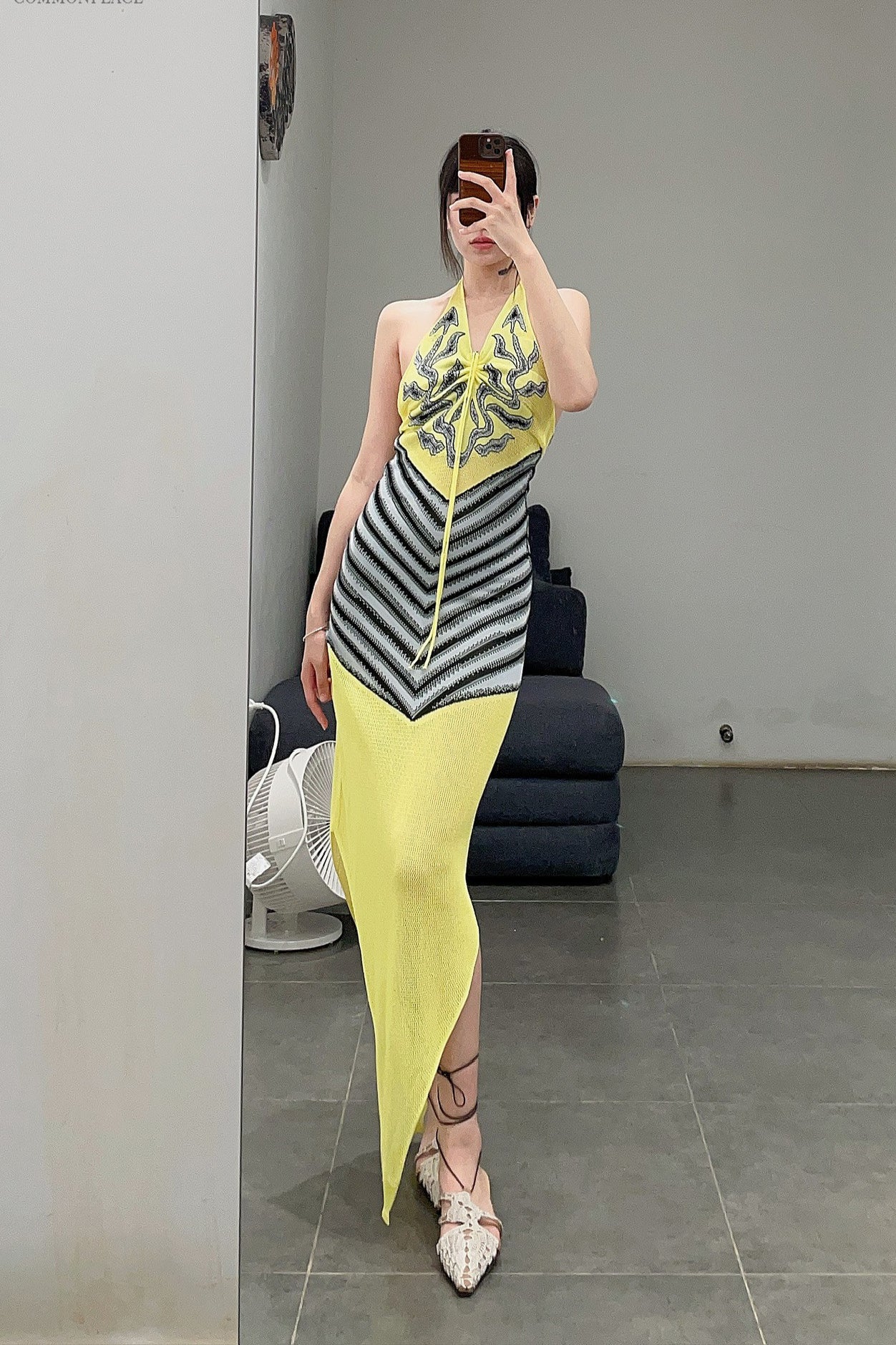 NAN KNITS Shaped floral jacquard halterneck dress 22051774 Yellow - Image 10