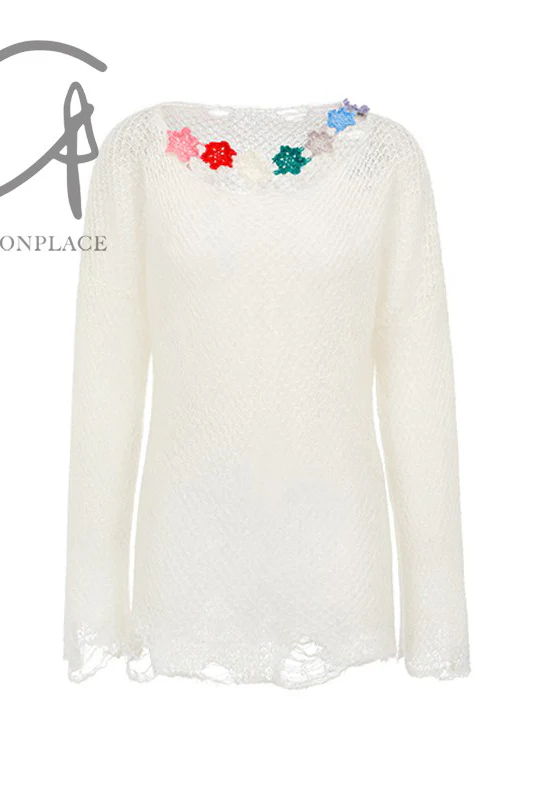 NAN KNITS Solid Mohair Top NAN-22111622-BC White/Colorful Floral - Image 5