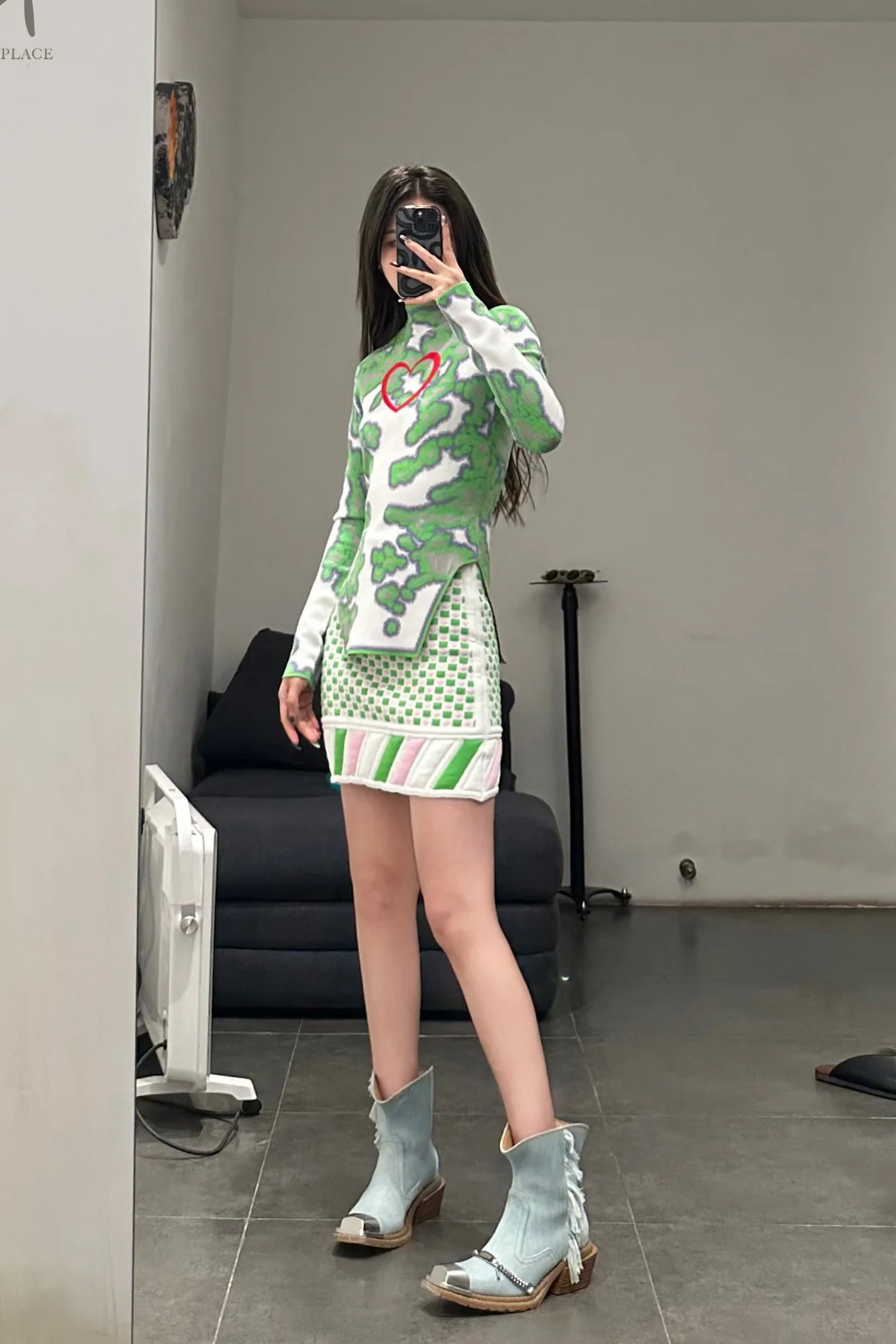 NAN KNITS twill trim mosaic puffed mini skirt 22011112 green - Image 10