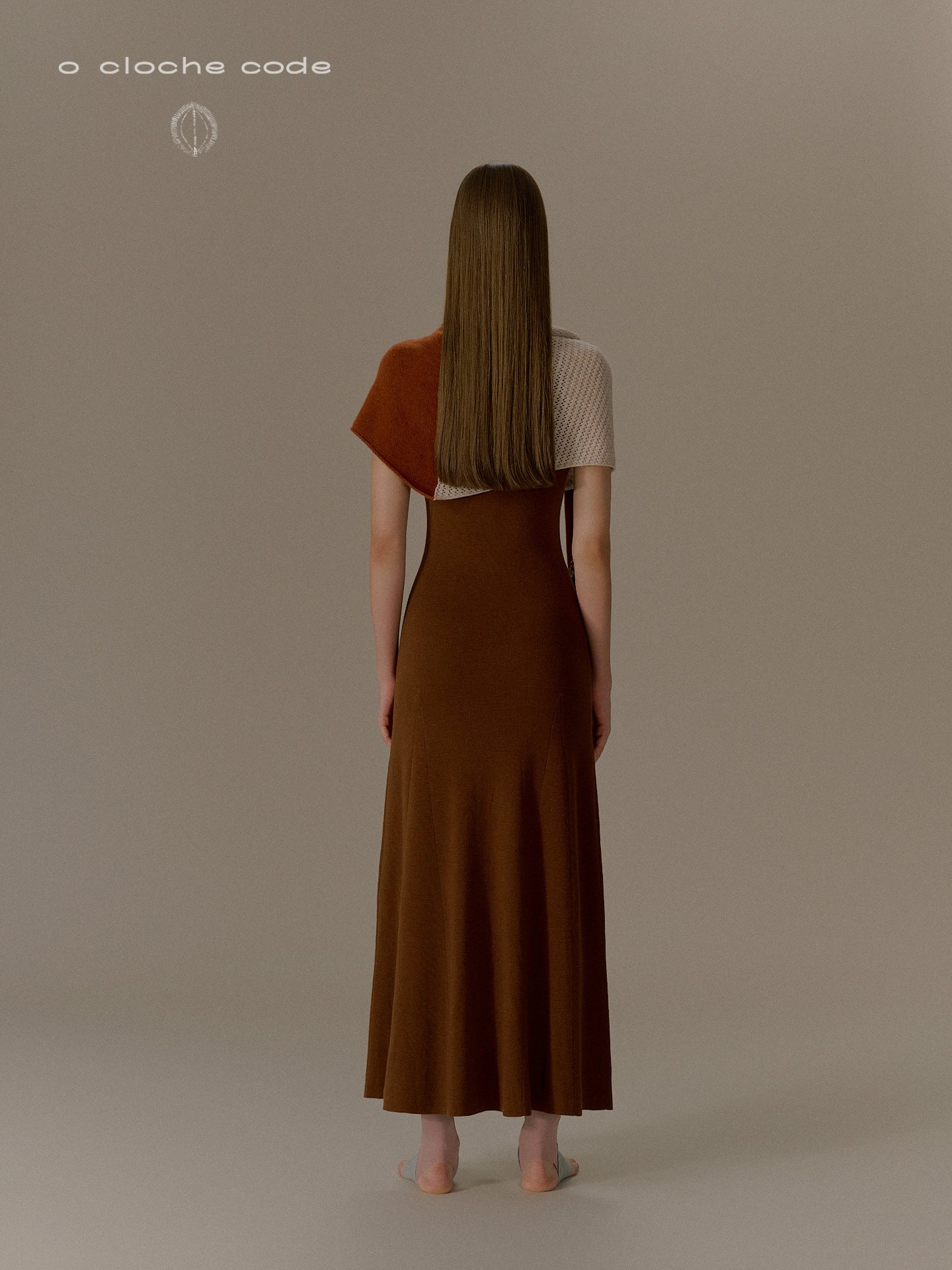 o cloche code 25 Fall/Winter, Button-down Long Dress in Merino Wool Knit OCC-OH01Q856-SXM, Dark Oak - Image 9