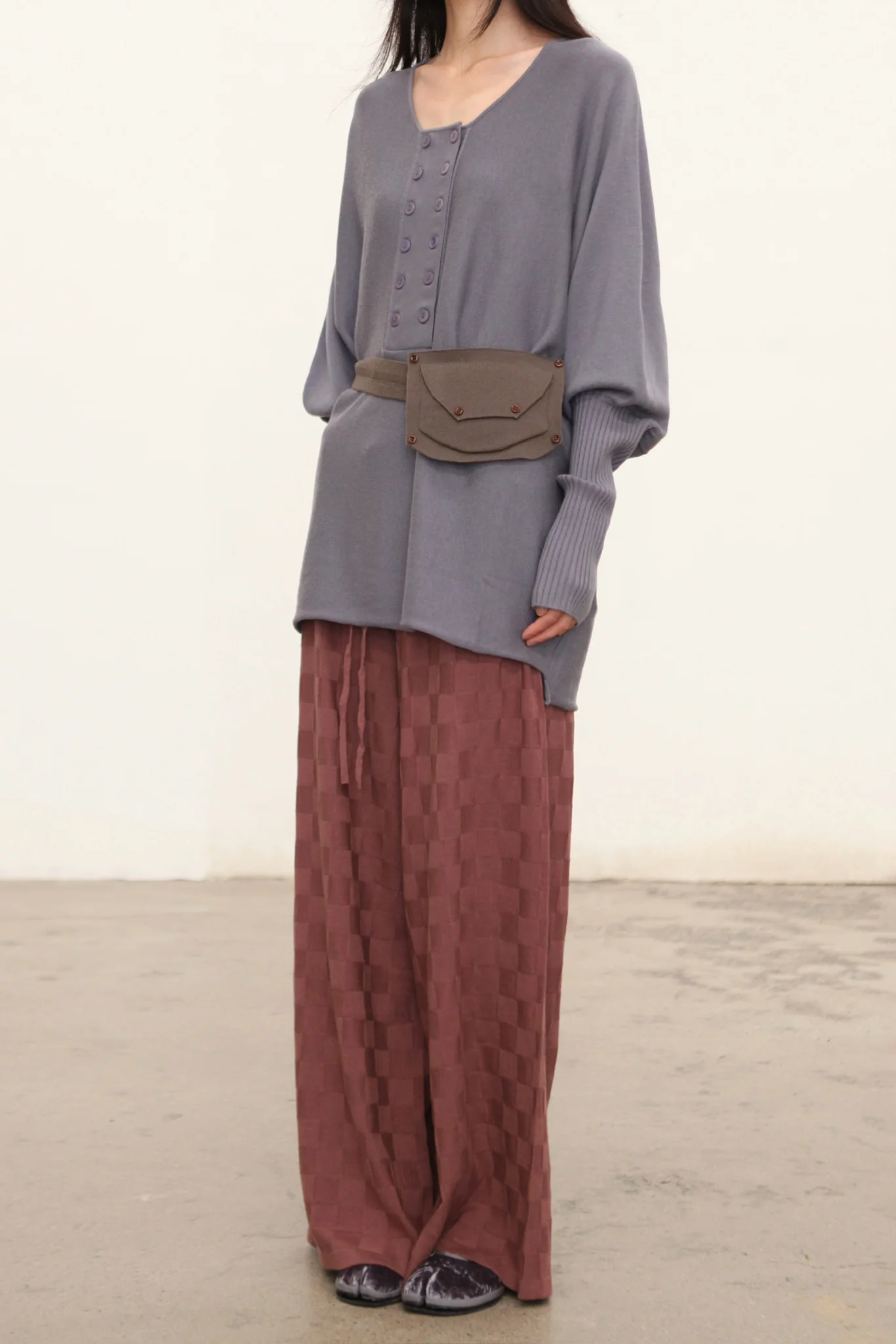 o cloche code 25 Fall/Winter checkered knotted top/wide-leg trousers in merino wool knit OCC-OH01P866-WHG fig-colored trousers (OH01P866 OH01T865) - Image 10