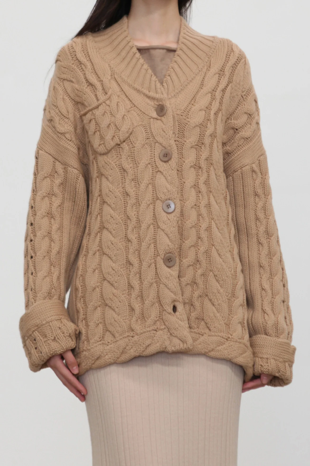 o cloche code 25 Fall/Winter Chunky Knit Cable Knit Sweater OCC-OH01T885-MZ BELGE Beige