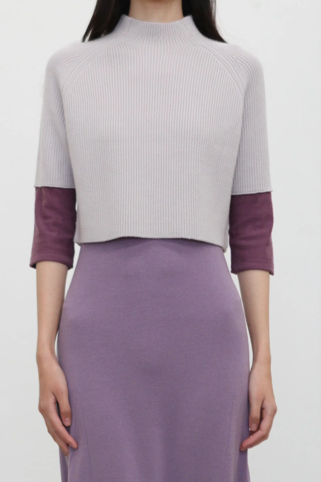 o cloche code 25 Fall/Winter Chunky Knit Color Block Sleeve Sweater Merino Wool Knit OCC-OH01T887-YBZH Silver White/Purple Gray