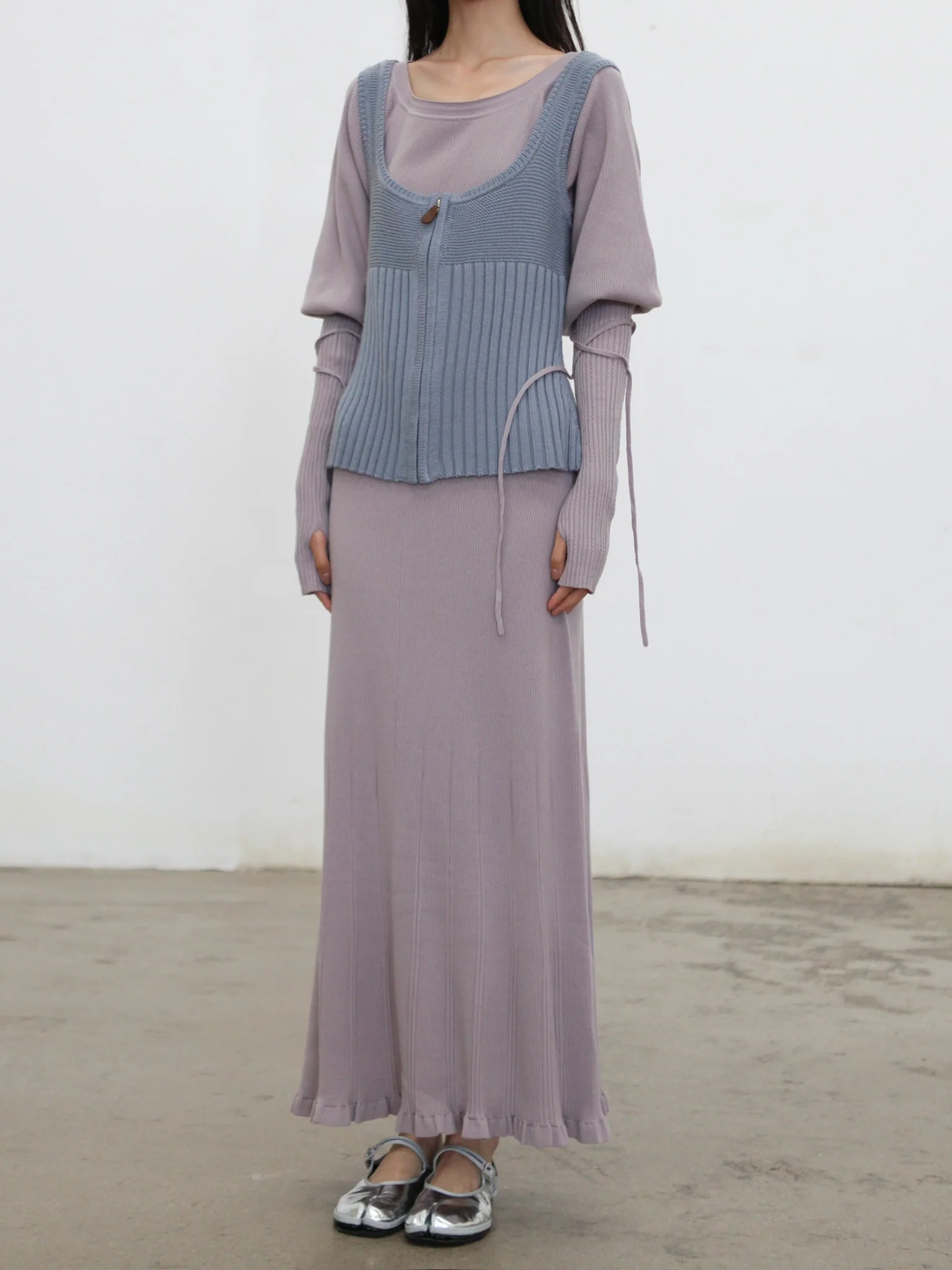 o cloche code 25 Fall/Winter Chunky Knit Low-Neck Vest, Merino Wool Knit OCC-OH01T890-HL Pastel Gray-Blue - Image 8