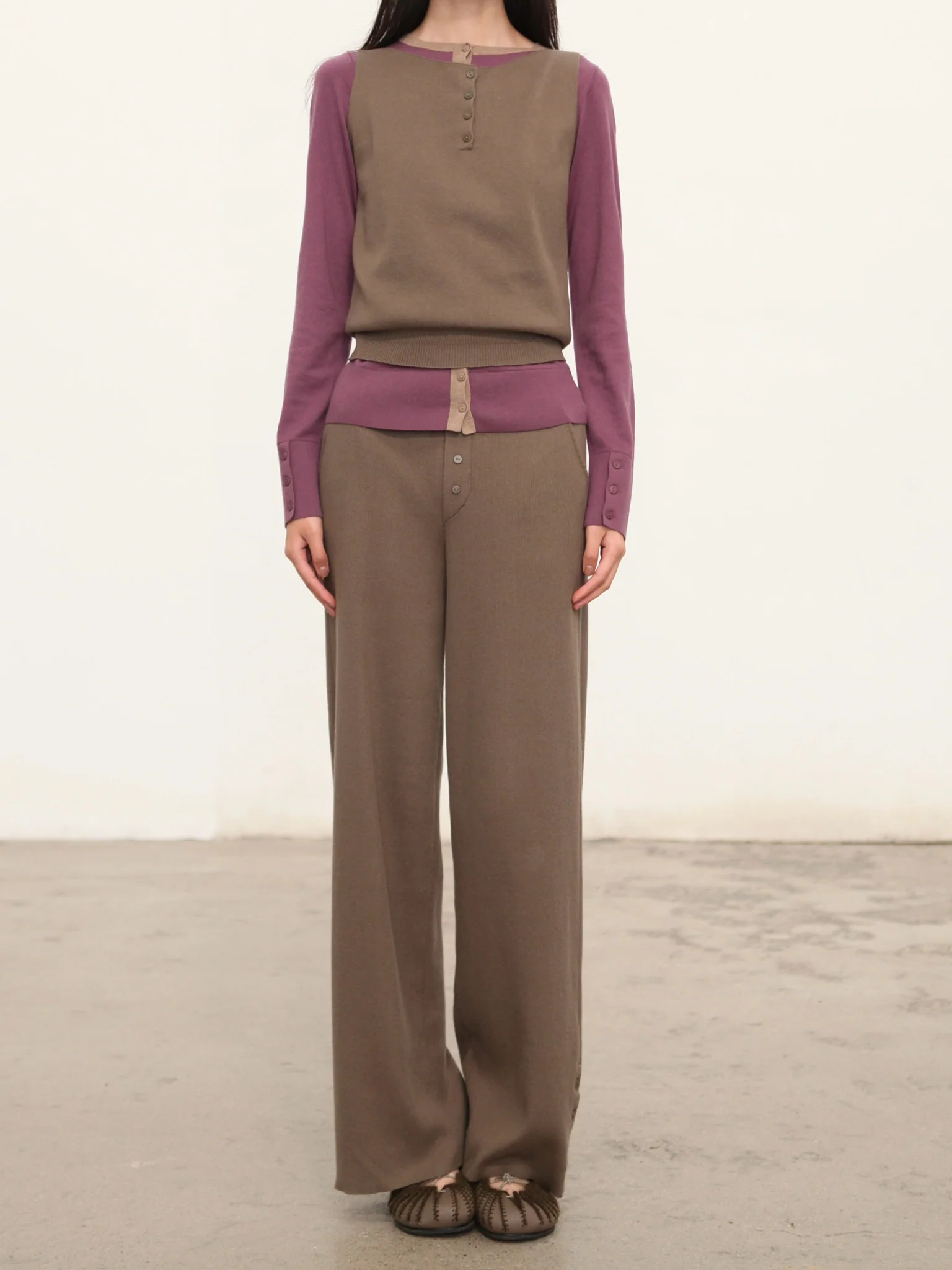 o cloche code 25 Fall/Winter Cotton Cashmere Color Block Cardigan Knit OCC-OH01K876-HZMZ Purple-Grey/Beige-Brown - Image 11