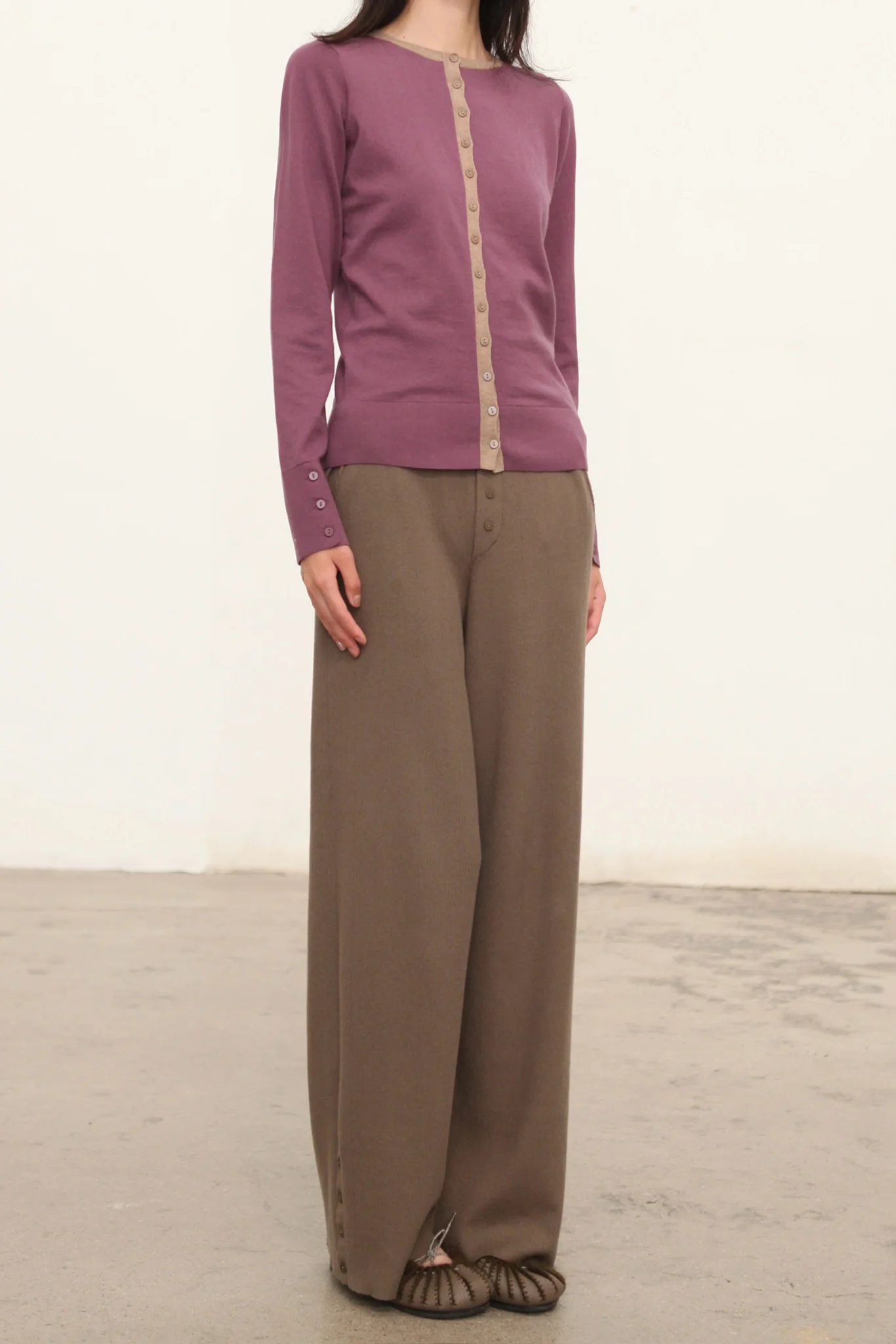 o cloche code 25 Fall/Winter Cotton Cashmere Color Block Cardigan Knit OCC-OH01K876-HZMZ Purple-Grey/Beige-Brown - Image 2