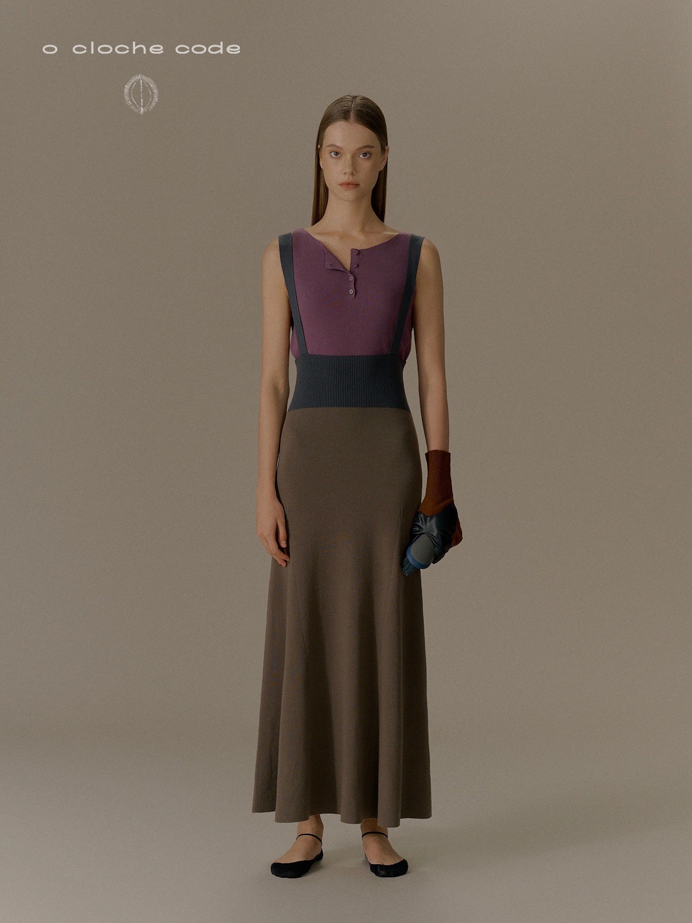 o cloche code 25 Fall/Winter Double Shoulder Suspender Maxi Dress Merino Wool Knit OCC-OH01Q857-WMHHH Ebony Black/Taupe - Image 6