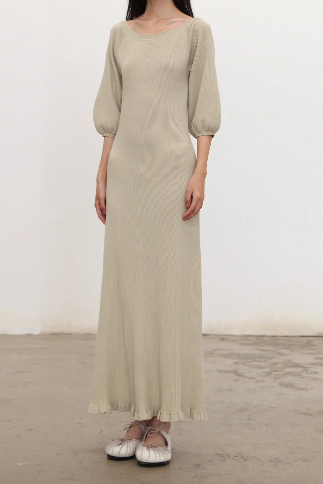 o cloche code 25 Fall/Winter Lantern Sleeve Maxi Dress, Merino Wool Knit OCC-OH01Q859-DLH PEA Pea Green/Grey