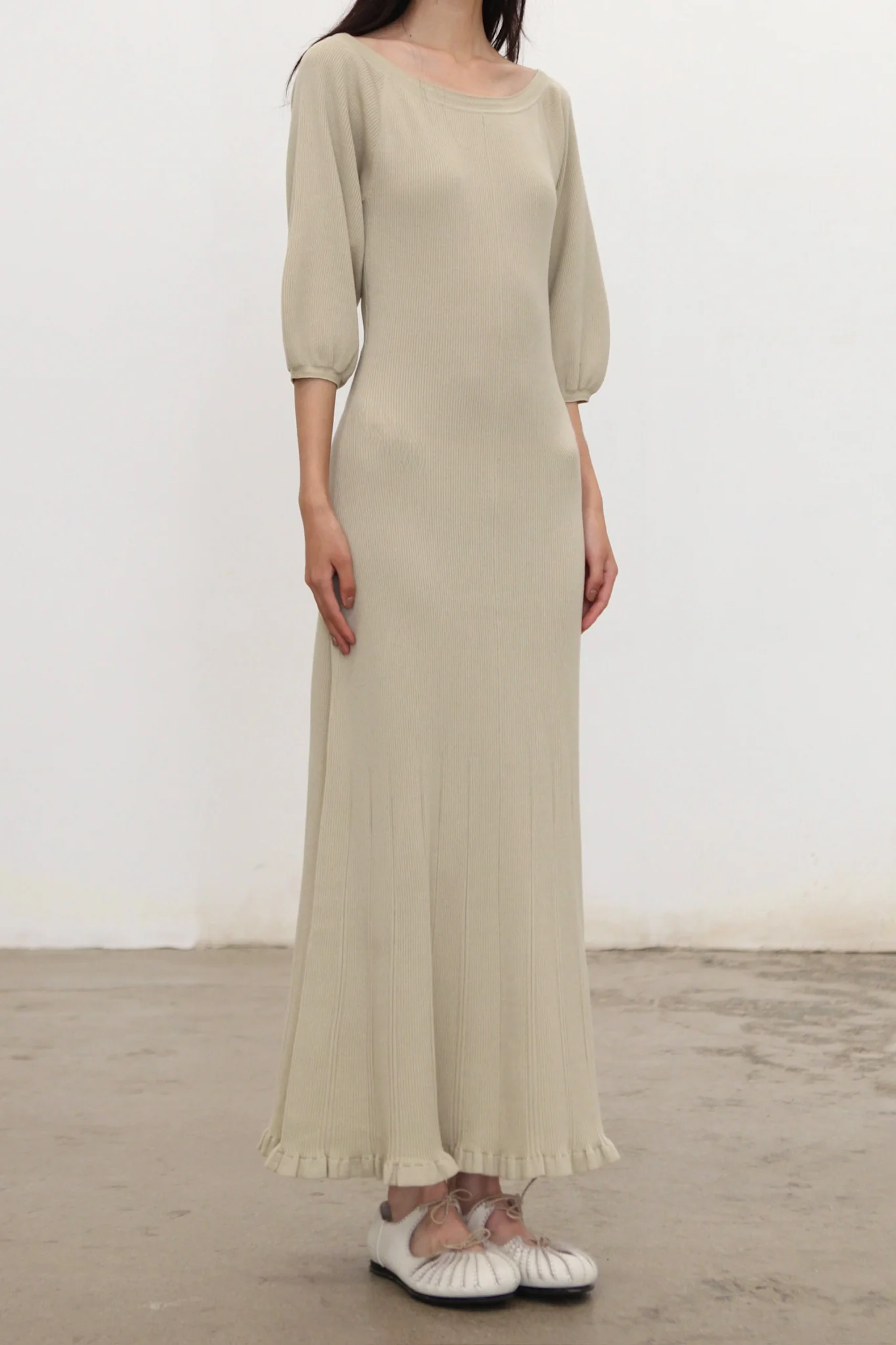 o cloche code 25 Fall/Winter Lantern Sleeve Maxi Dress, Merino Wool Knit OCC-OH01Q859-DLH PEA Pea Green/Grey - Image 2