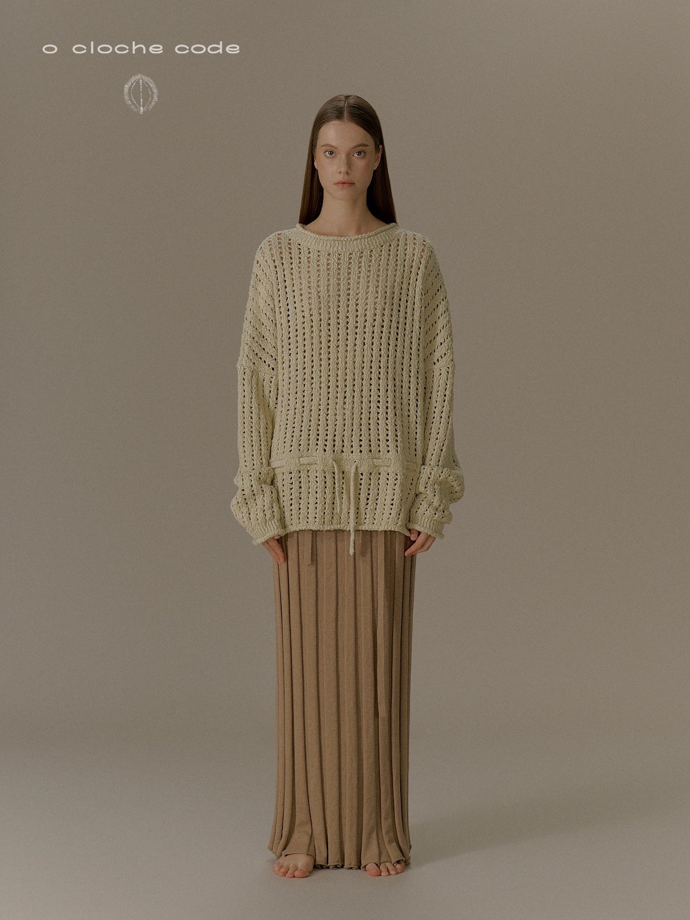 o cloche code 25 Fall/Winter, plus-size cotton drawstring long-sleeved knit sweater, openwork OCC-OH01T884-DLH PEA bean green/grey - Image 8