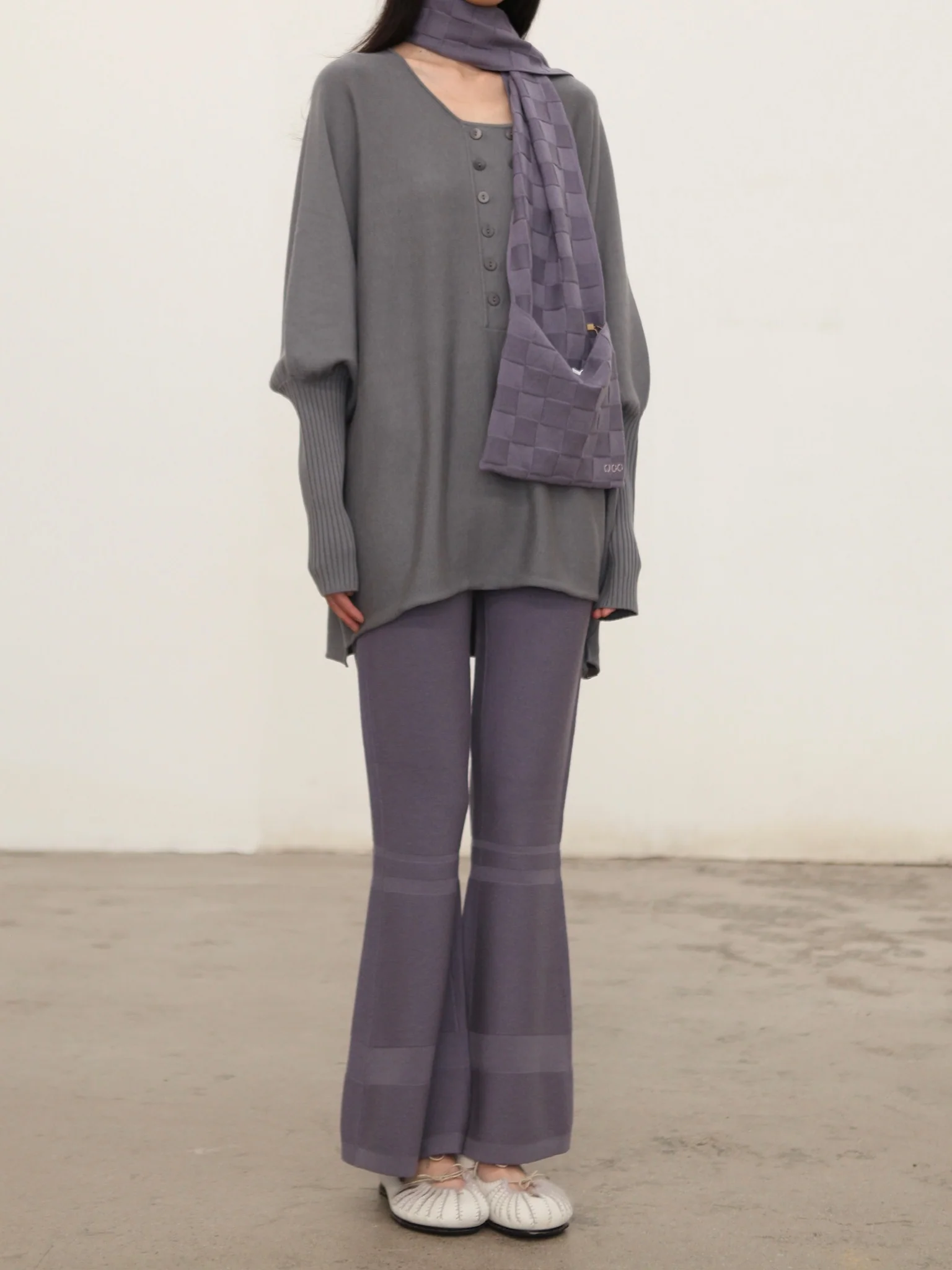 o cloche code 25 Fall/Winter Skinny Flare Pants Merino Wool Knit Trousers Women OCC-OH01P868-FGL French Blue - Image 6