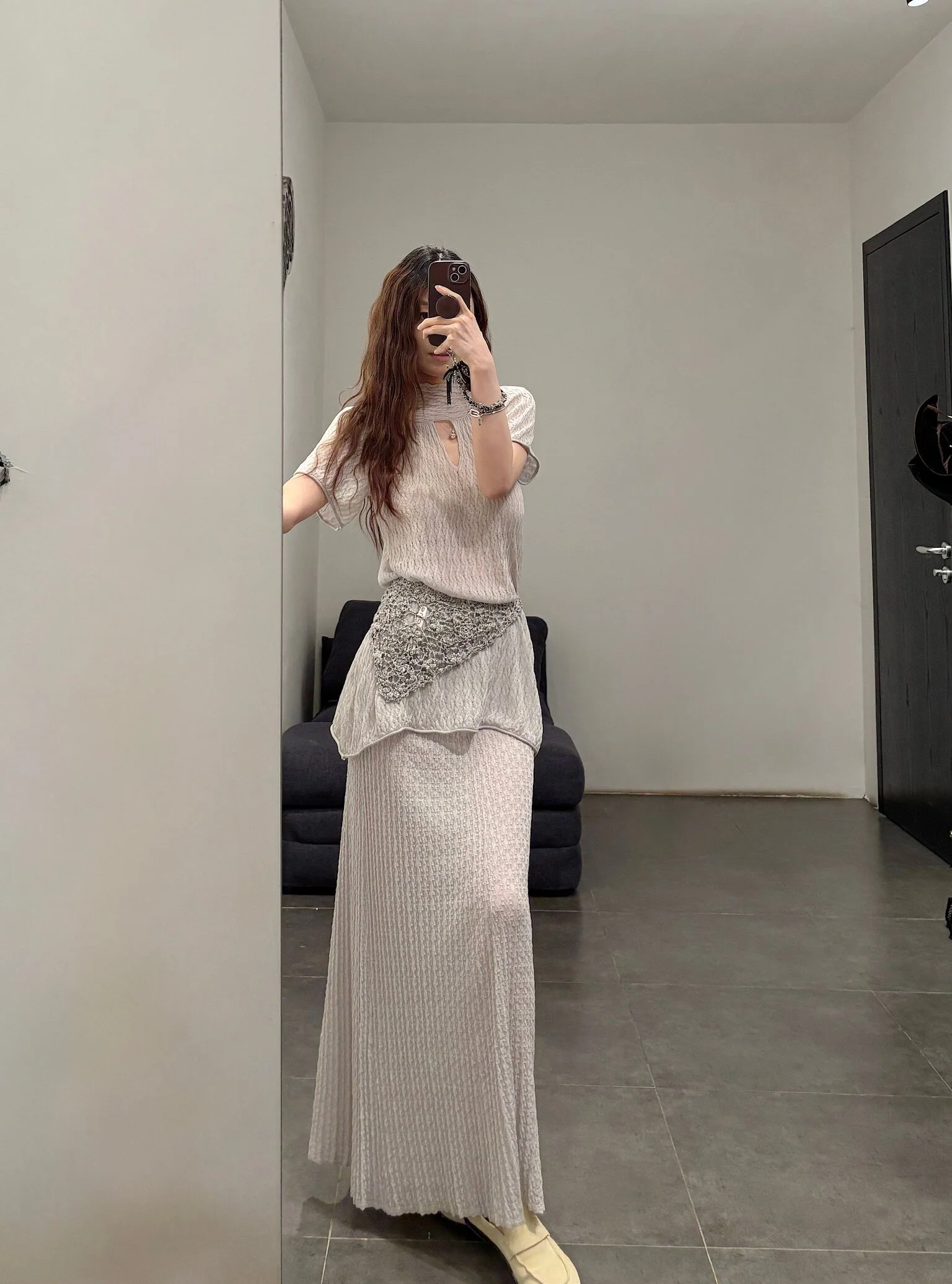 o cloche code 26SS sheer fitted midi skirt OCC-OH26SQ039M-YGH MOON moonlight gray - Image 8