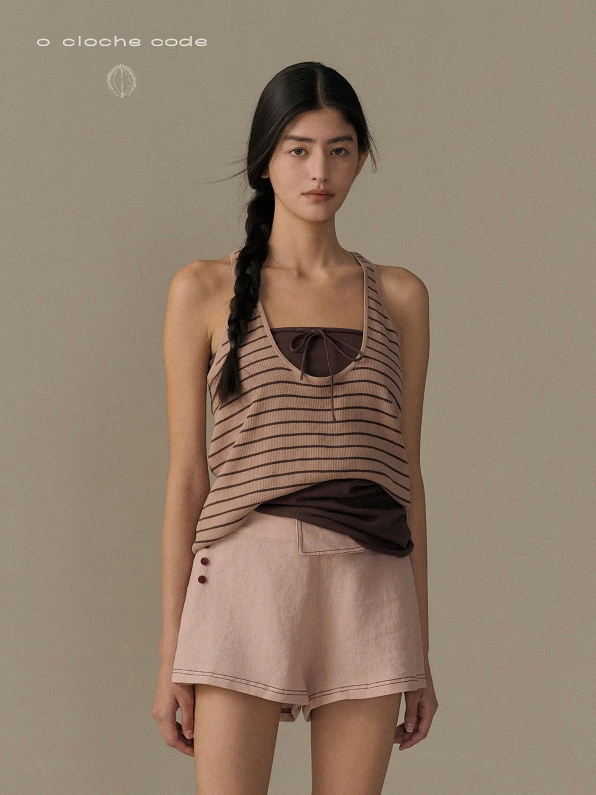 o cloche code 26SS striped vest two-piece set OCC-OH26SV008U-SKSF dark brown/sand pink - Image 6