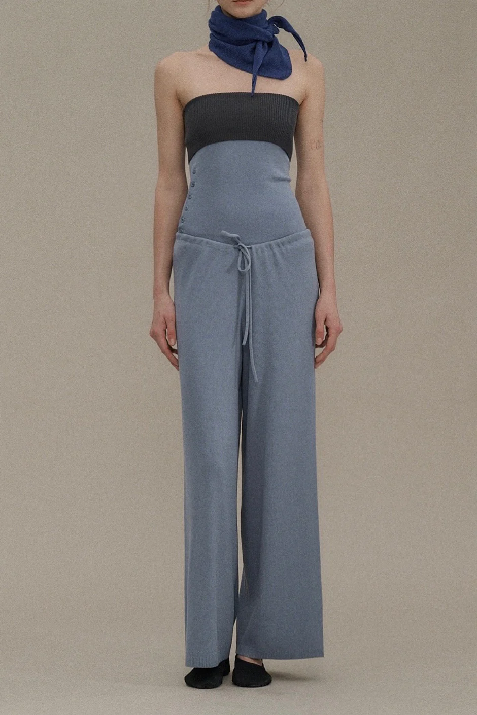 o cloche code color-blocked turn-up strapless top OCC-OH01B846-HLWMH gray-blue + ebony black P-I - Image 2
