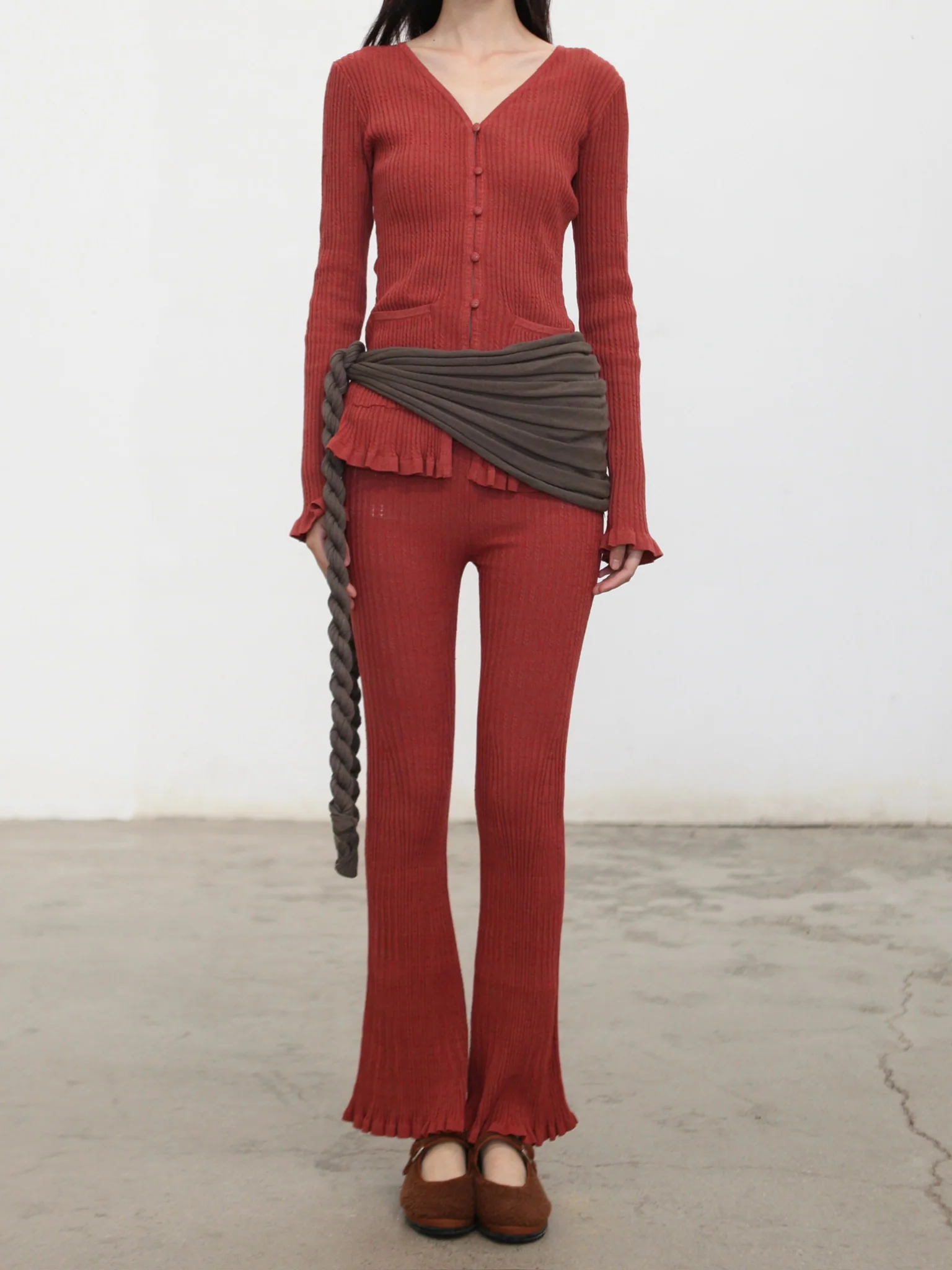 o cloche code cotton-feel paper-thin cardigan/flared pants OCC-OH01K809-ZH brick red cardigan HAPRISSA - Image 4