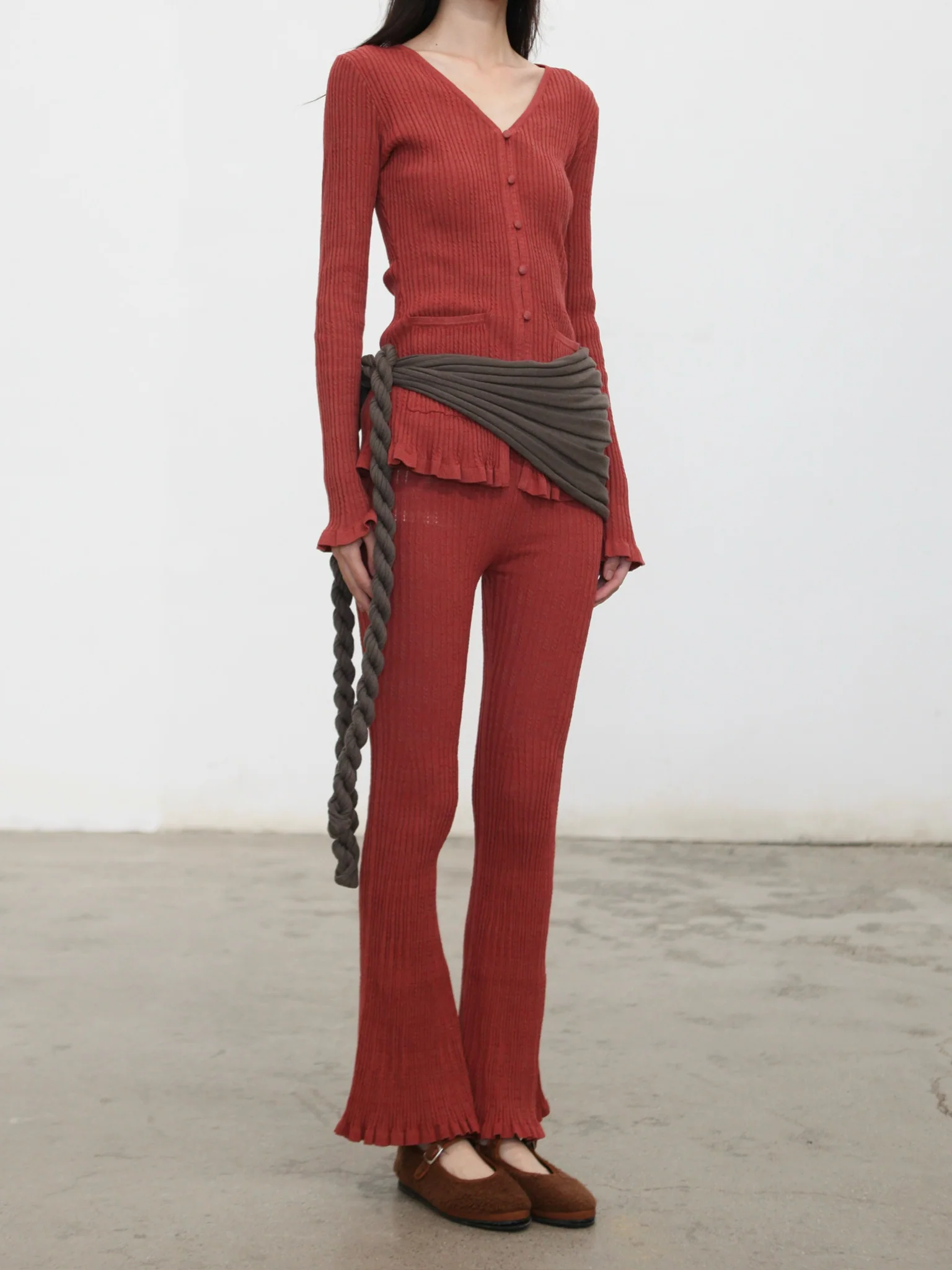 o cloche code cotton-feel paper-thin cardigan/flared pants OCC-OH01K809-ZH brick red cardigan HAPRISSA - Image 6