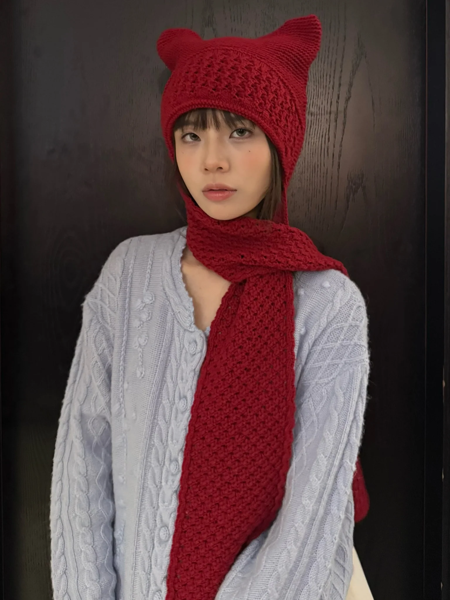 o cloche code wool ear flap scarf and hat OCC-OH01S823R-ZH maroon ROUGE - Image 7