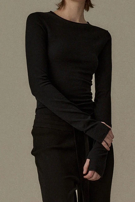 o cloche code wool knit rolled hem long sleeve OCC-OH01T826-CH solid black