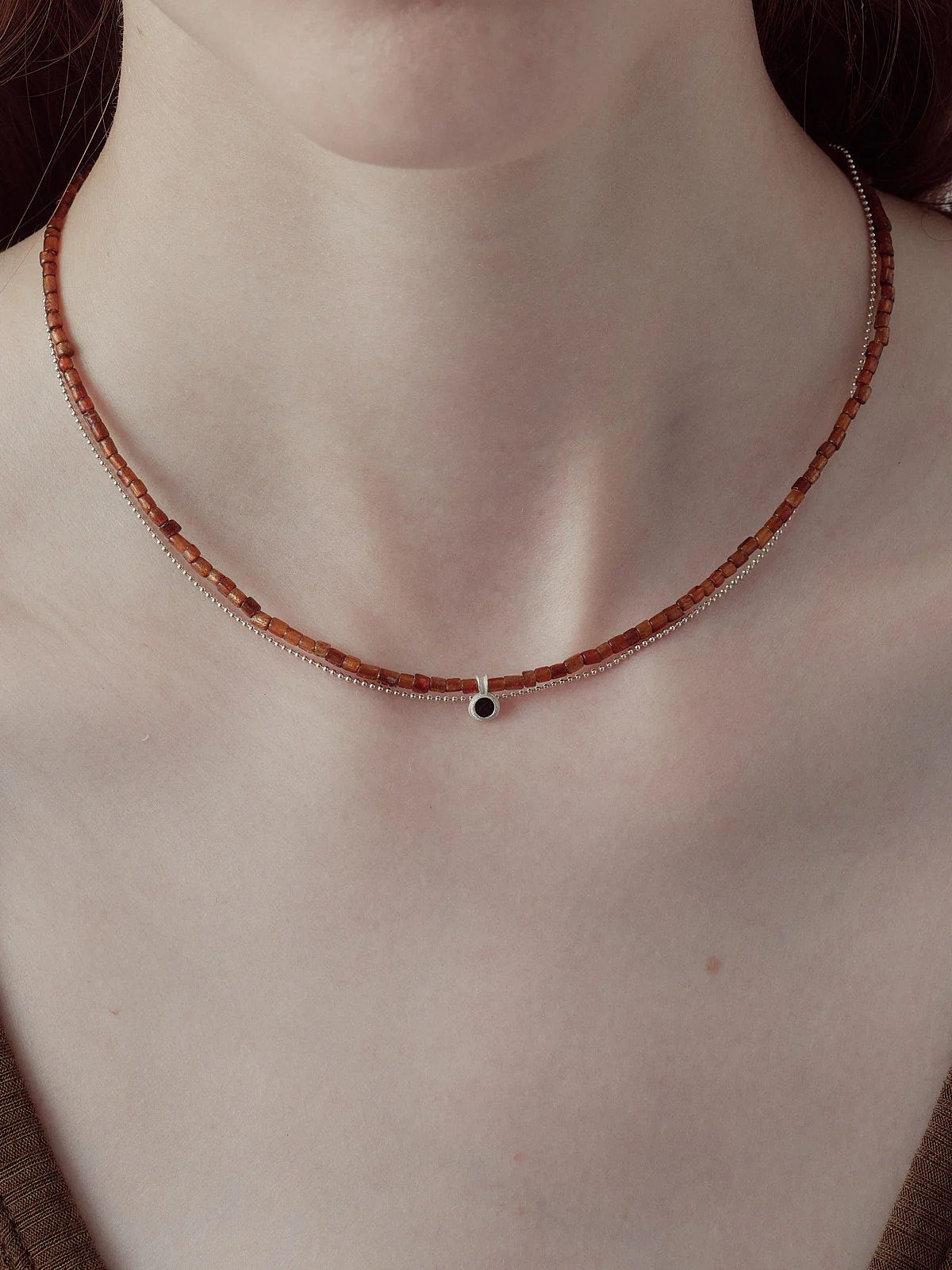 OLIO E ACETO Sterling Silver Coral Double Layer Necklace OLIO-OA14N24-YZH Silver/Brown/Black - Image 3