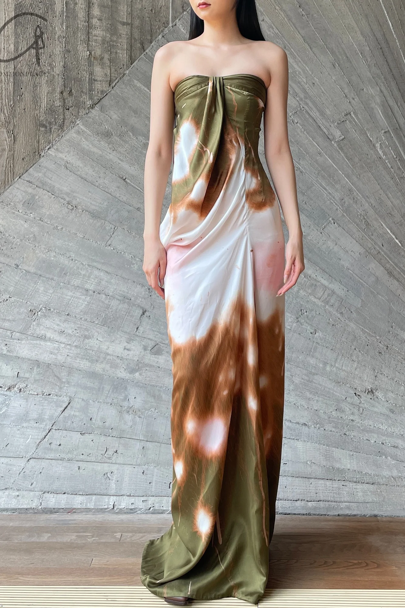 OUDE WAAG 24 Autumn and Winter Asymmetric Drape Dress OW-24AW- DS23P2GR053-LC POW1 Green Orange OW-24AW-DS02P1PK220