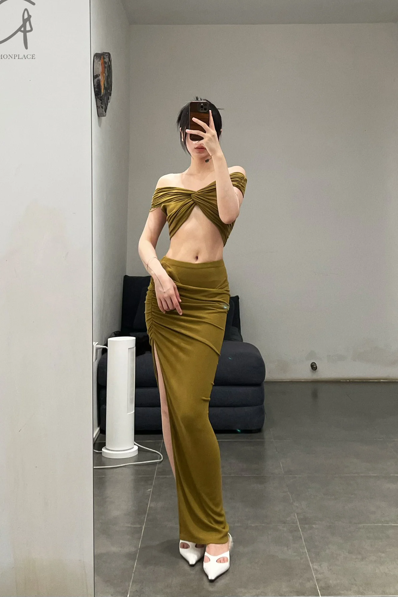 OUDE WAAG 24 Autumn and Winter Knitted Asymmetric Skirt Series OW-24AW -SK17R1GR540-GLL Olive Green OW-24AW -SK17 - Image 12