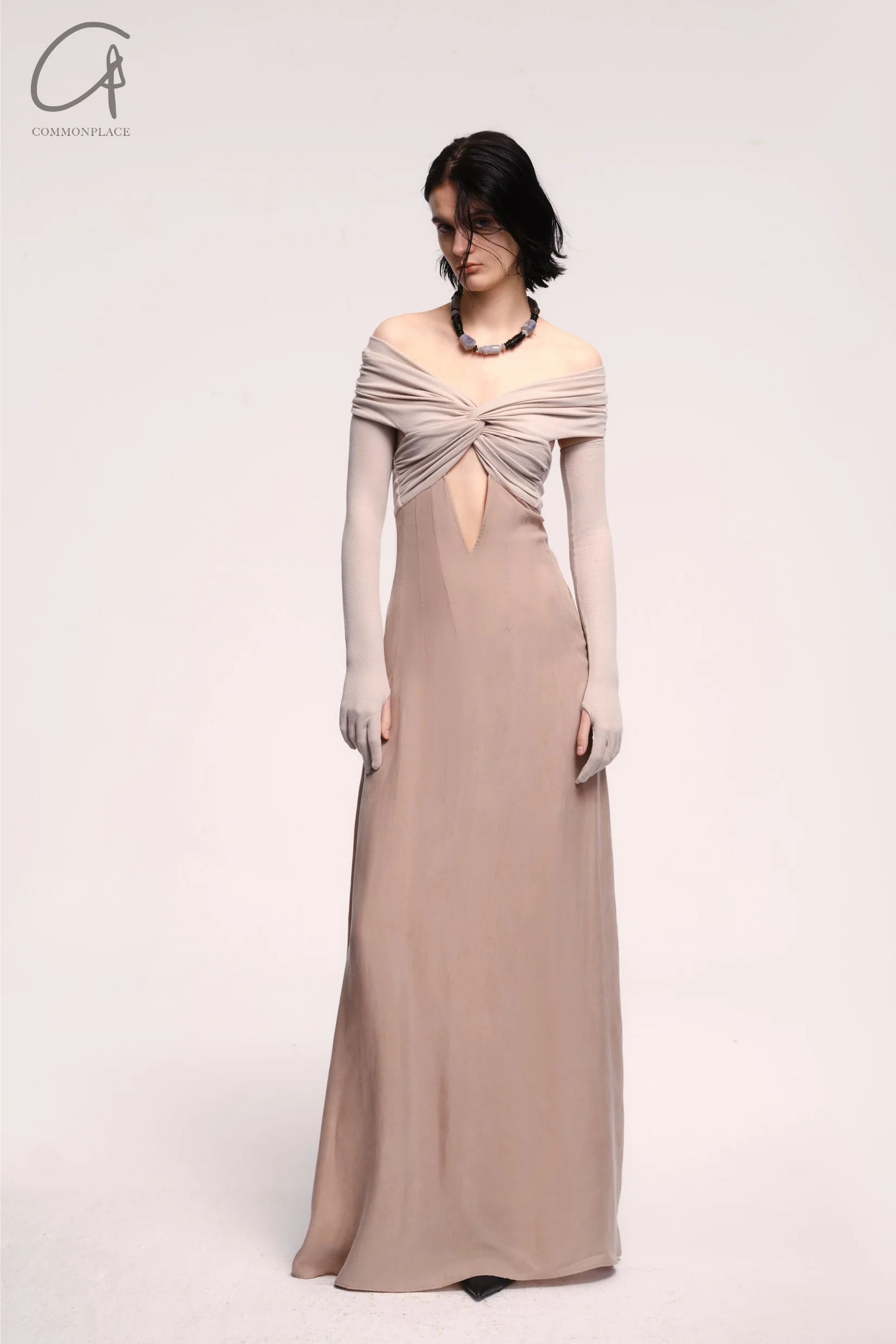OUDE WAAG 24 autumn and winter knot patchwork dress OW-OW-24AW-DS21R1GY820-HUIMI gray beige - Image 6