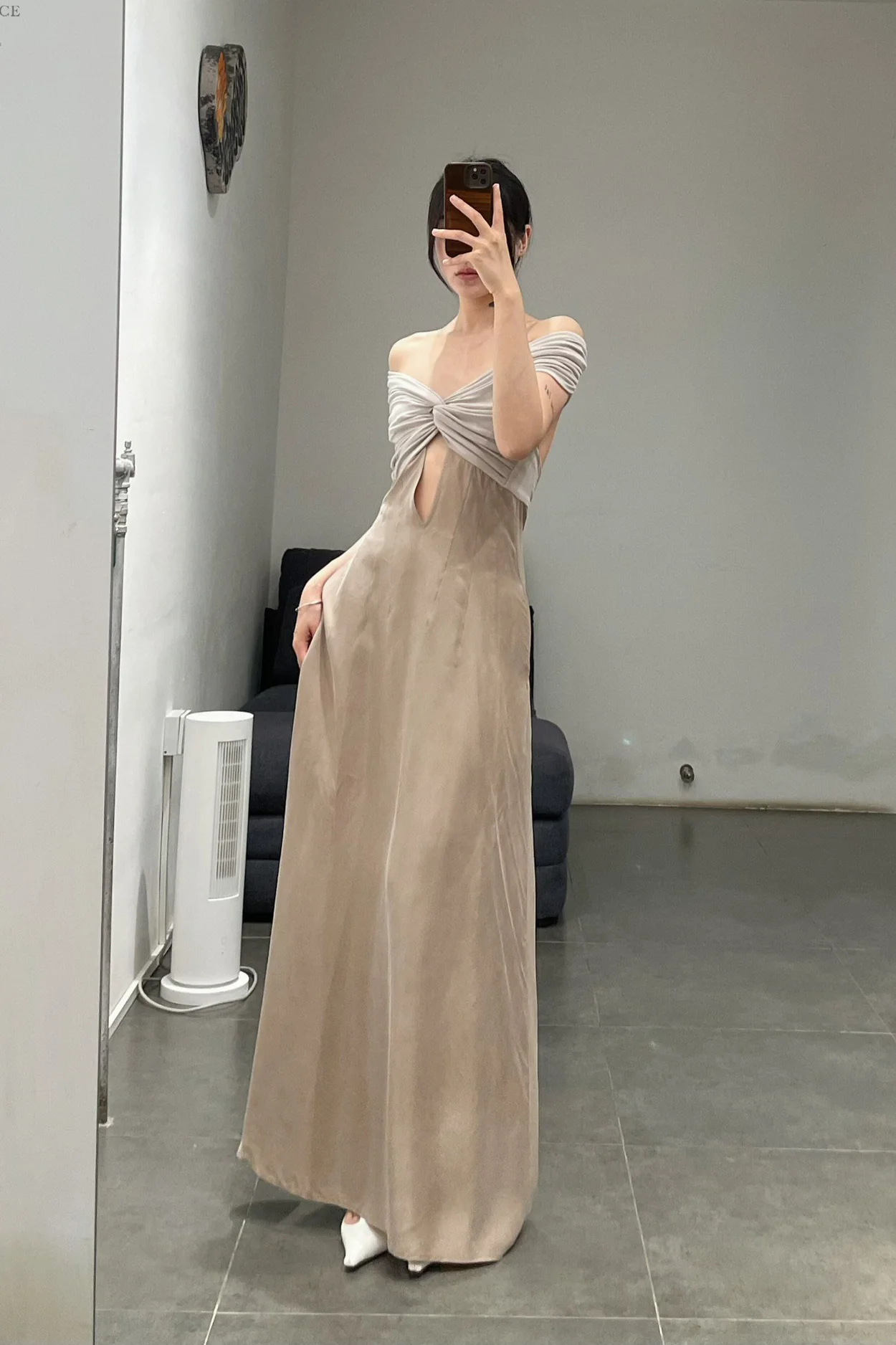 OUDE WAAG 24 autumn and winter knot patchwork dress OW-OW-24AW-DS21R1GY820-HUIMI gray beige - Image 8