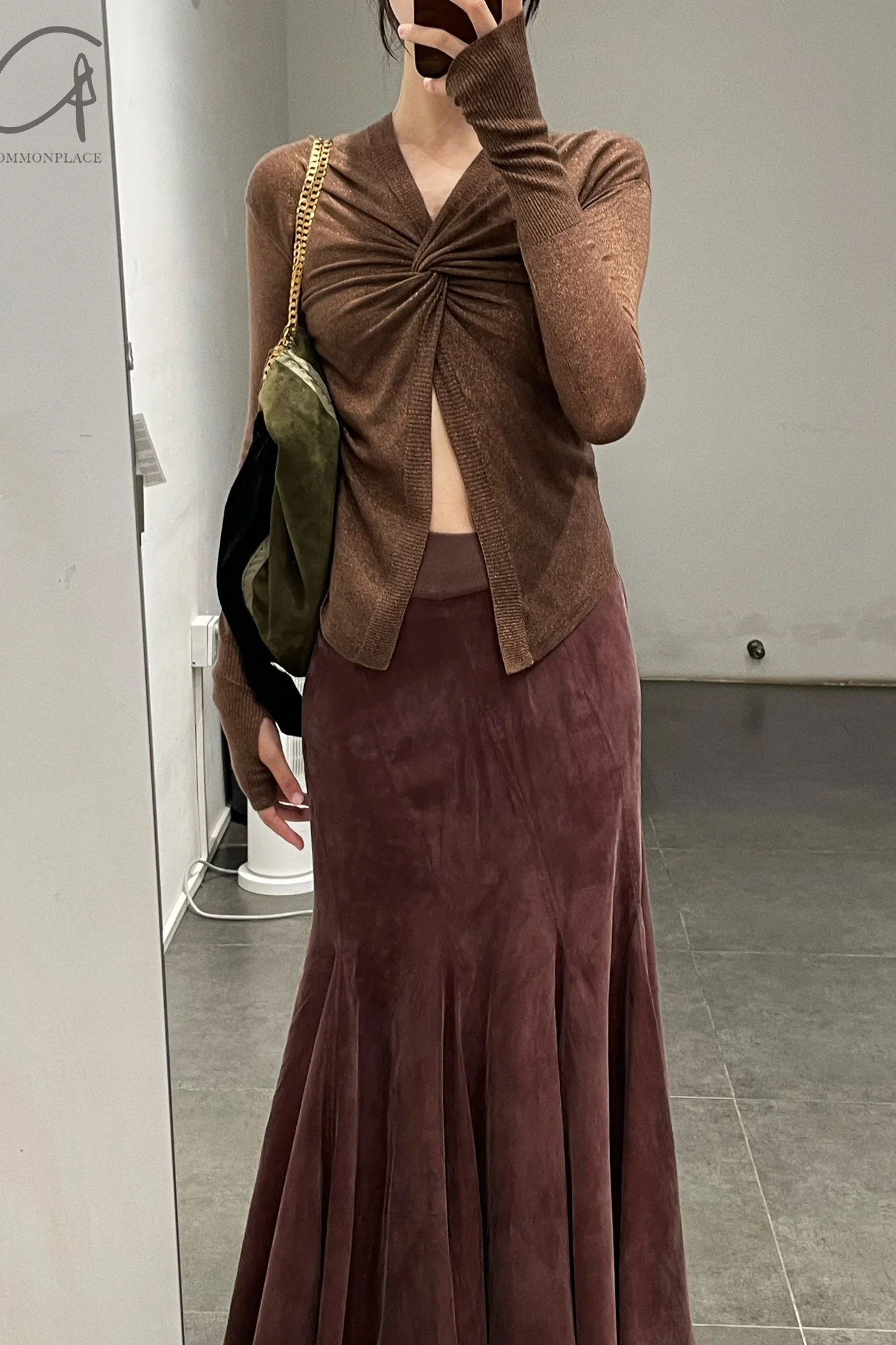 OUDE WAAG 24 Autumn and Winter Splicing Cupro-Ammonium Silk Fishtail Skirt Series OW-24AW -SK15C2BR440-KF Coffee OW-24AW -SK15 - Image 16