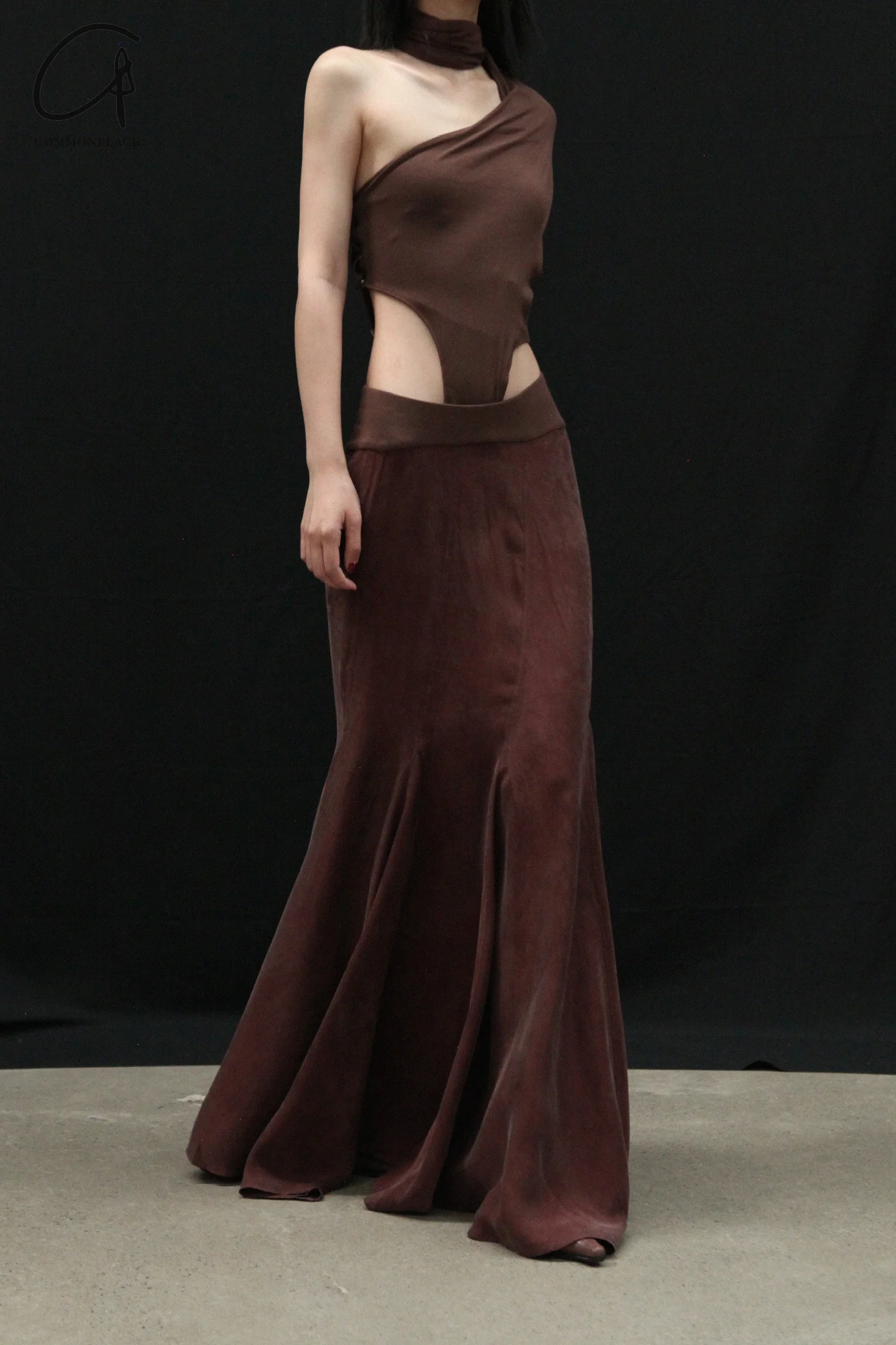 OUDE WAAG 24 Autumn and Winter Splicing Cupro-Ammonium Silk Fishtail Skirt Series OW-24AW -SK15C2BR440-KF Coffee OW-24AW -SK15 - Image 3