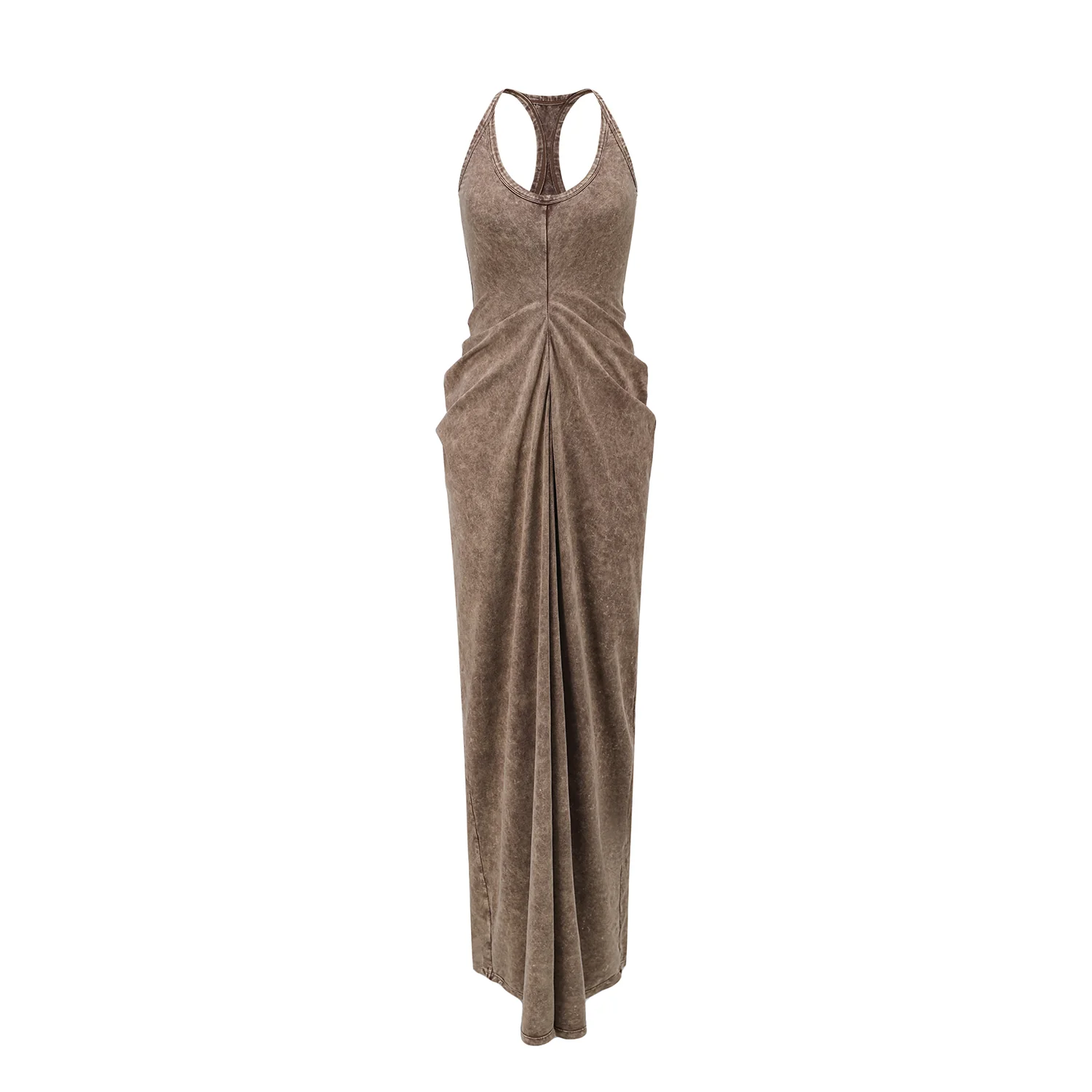 OUDE WAAG 25 Early Autumn Knitted Slim Drape Dress OW-OW-25PF-DS09C1BR041-ZB Brown and White - Image 3