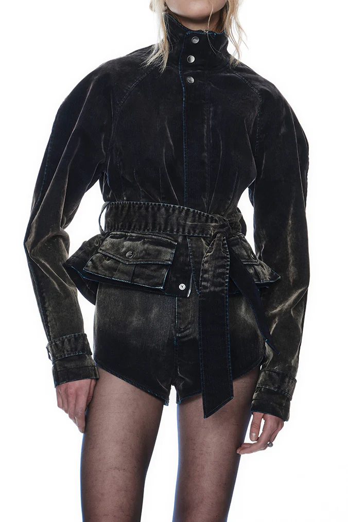 OUDE WAAG 25 Early Autumn Washed Flocked Denim Short Jacket Short Coat OW-OW-25PF-JK02C1BU690-SL Dark Blue - Image 8