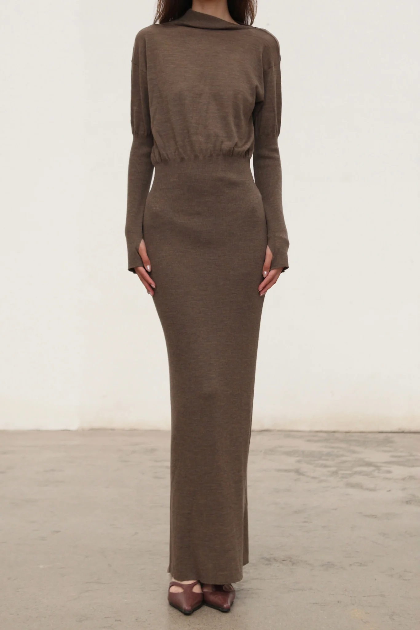 OUDE WAAG 25 Fall/Winter Asymmetrical Neck Wool Knit Dress OW-OW-25AW-KD05W1BR430-HZ Gray Brown