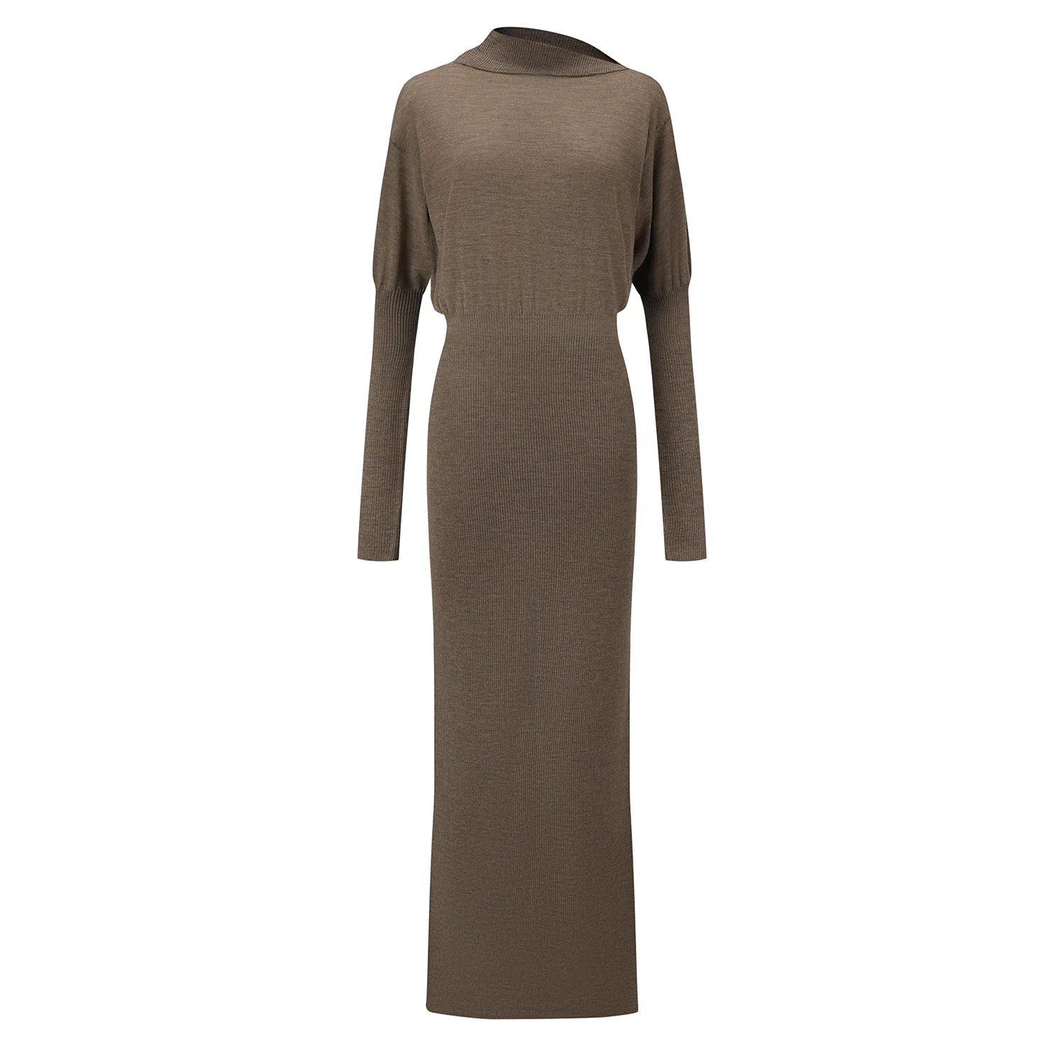 OUDE WAAG 25 Fall/Winter Asymmetrical Neck Wool Knit Dress OW-OW-25AW-KD05W1BR430-HZ Gray Brown - Image 6