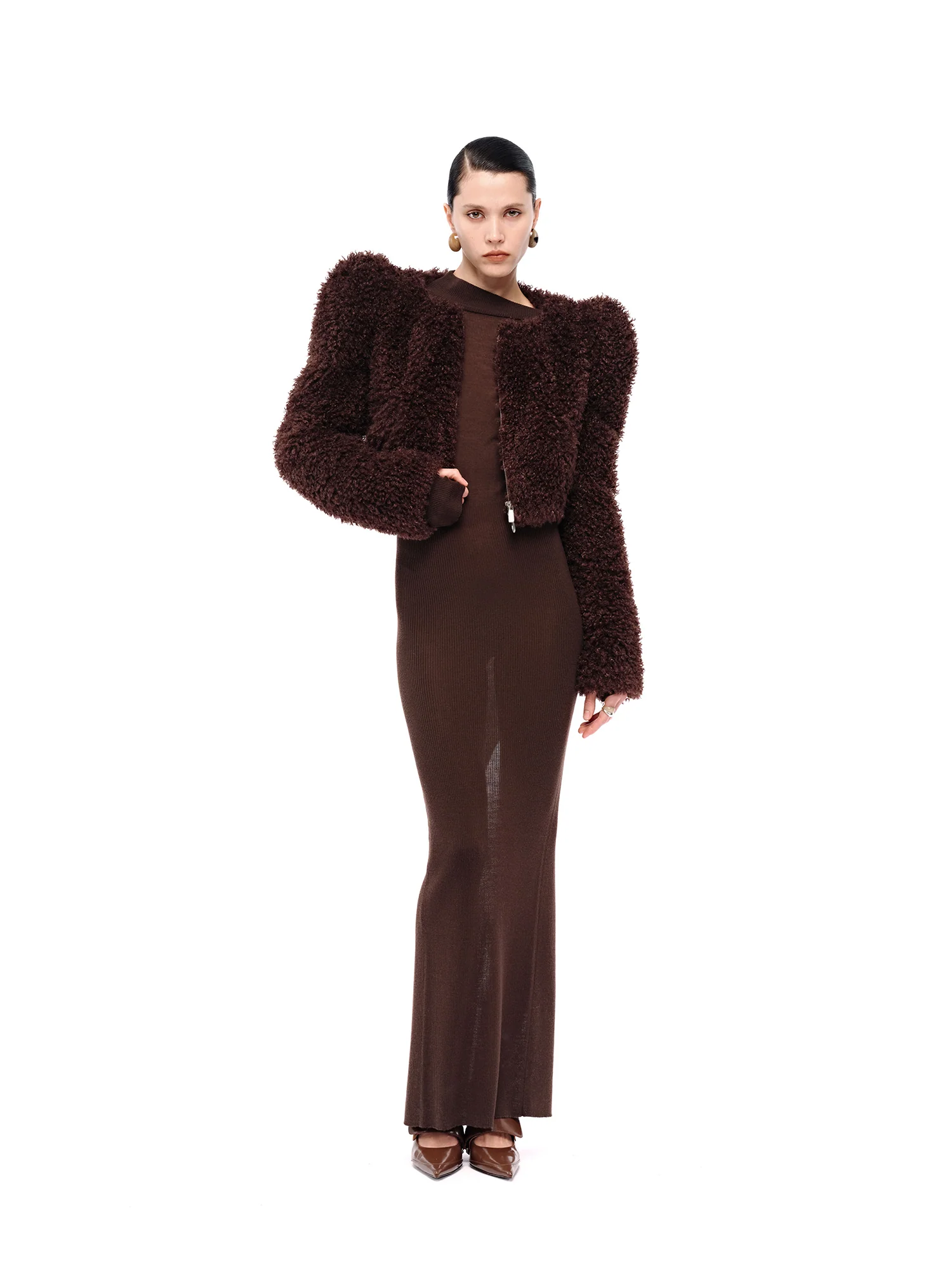 OUDE WAAG 25 Fall/Winter Asymmetrical Neck Wool Knit Dress OW-OW-25AW-KD05W1BR440-KF Coffee - Image 14