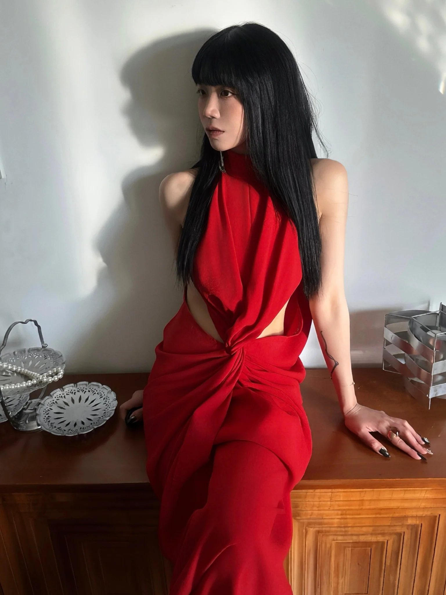OUDE WAAG 25 Spring/Summer Draped Knot Shell Dress OW-OW-25SS-DS14-HONG Red - Image 10