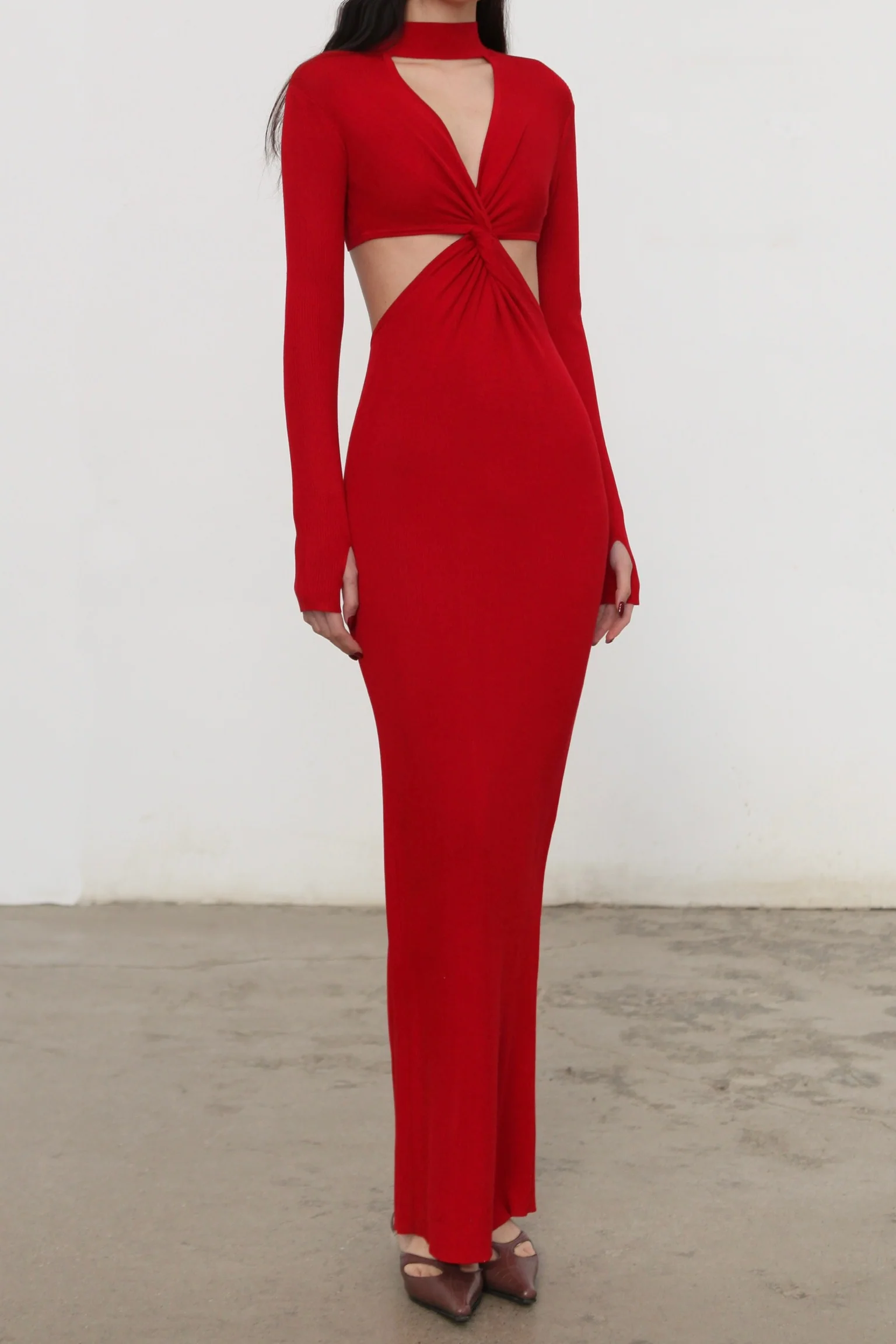 OUDE WAAG 25 Spring/Summer Hollow Knot Silk Knit Dress OW-OW-25SS-KD04-HONG Red - Image 2