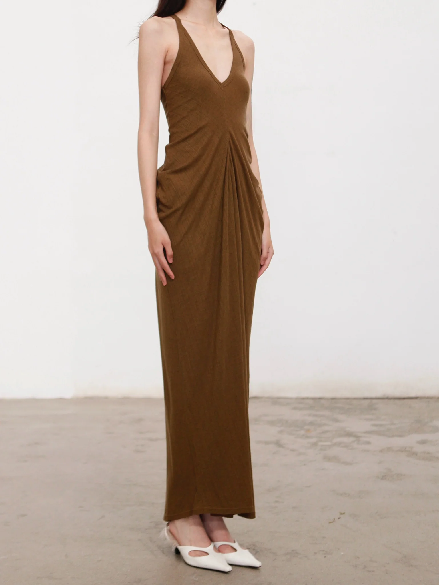 OUDE WAAG 26 Early Spring Flowing Stretch Ribbed Vest Dress OW-26RS-DS25T2-GR540 Olive Green - Image 3
