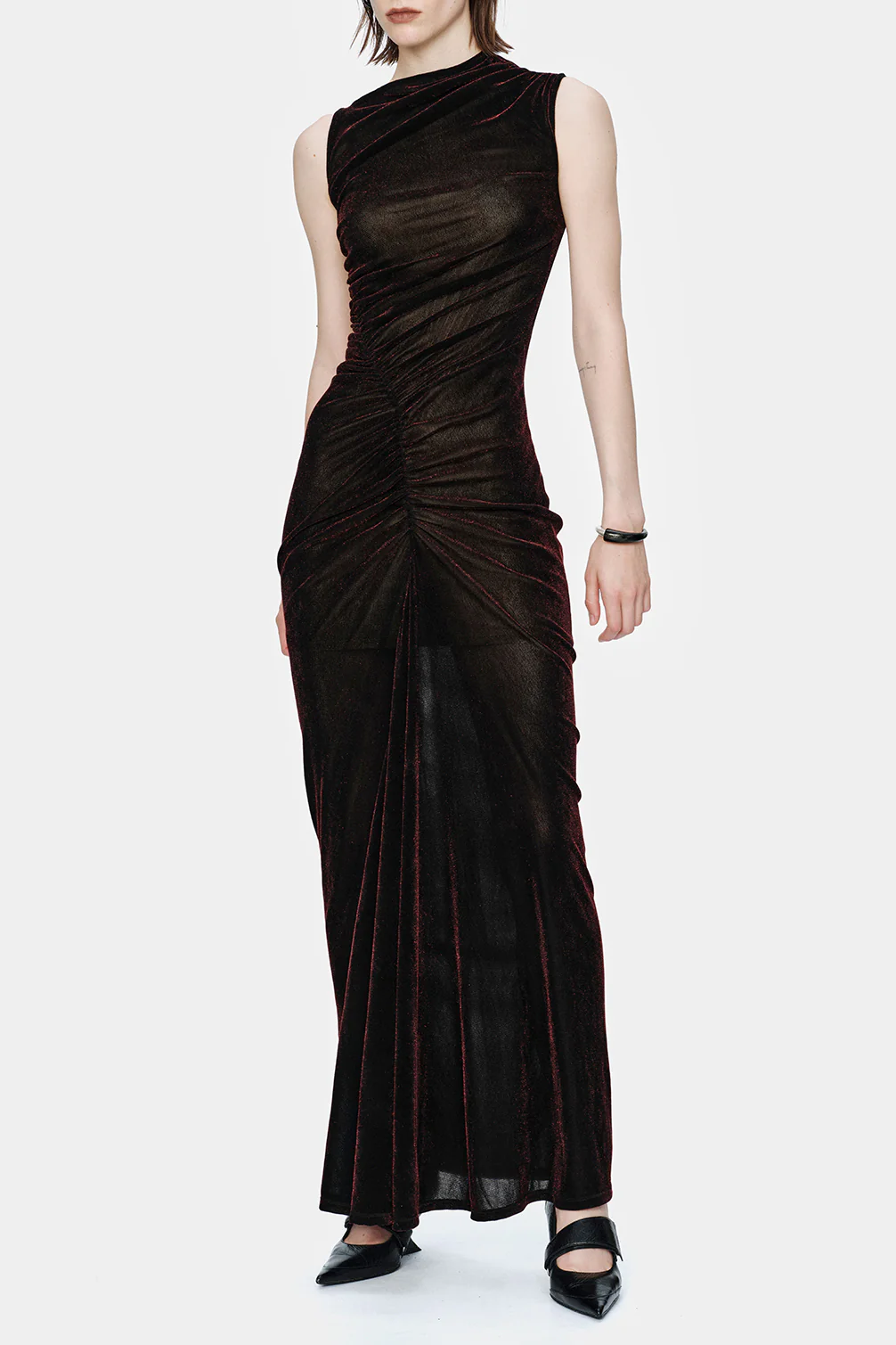 OUDE WAAG 26 Early Spring Gathered Stretch Velvet Dress OW-26RS-DS23N1-BL094 Black/Yellow OW-26RS-DS23N1-BL092 Black/Red - Image 4