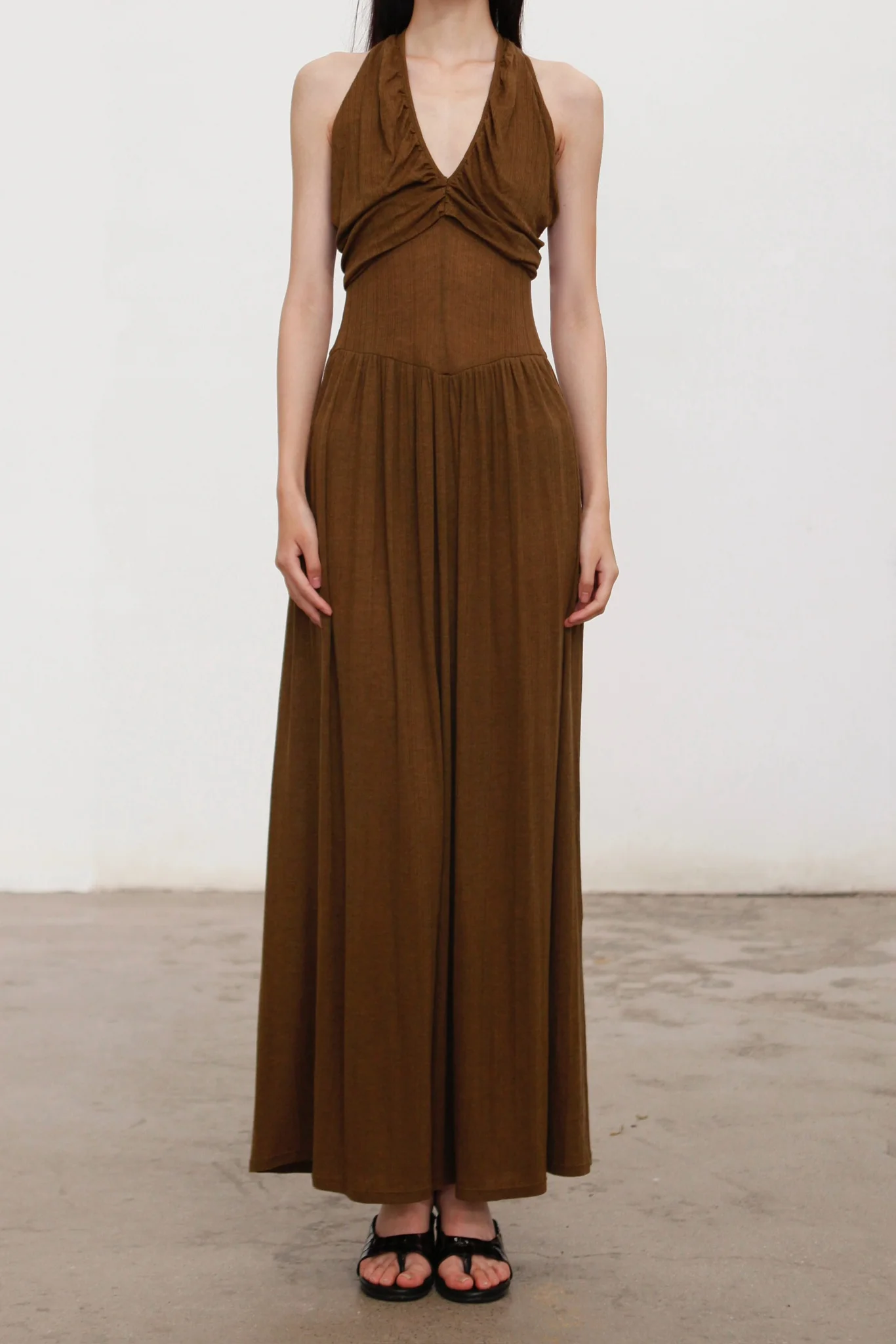OUDE WAAG 26 Early Spring V-neck draped ribbed dress OW-26RS-DS03T2-GR540 Olive Green